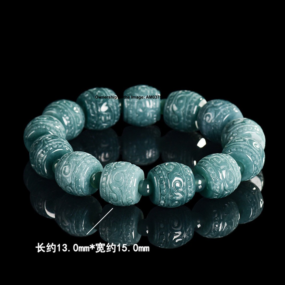 Natural Blue Water Jadeite Carved Barrel Bead Stretch Bracelet -Grade A Jade