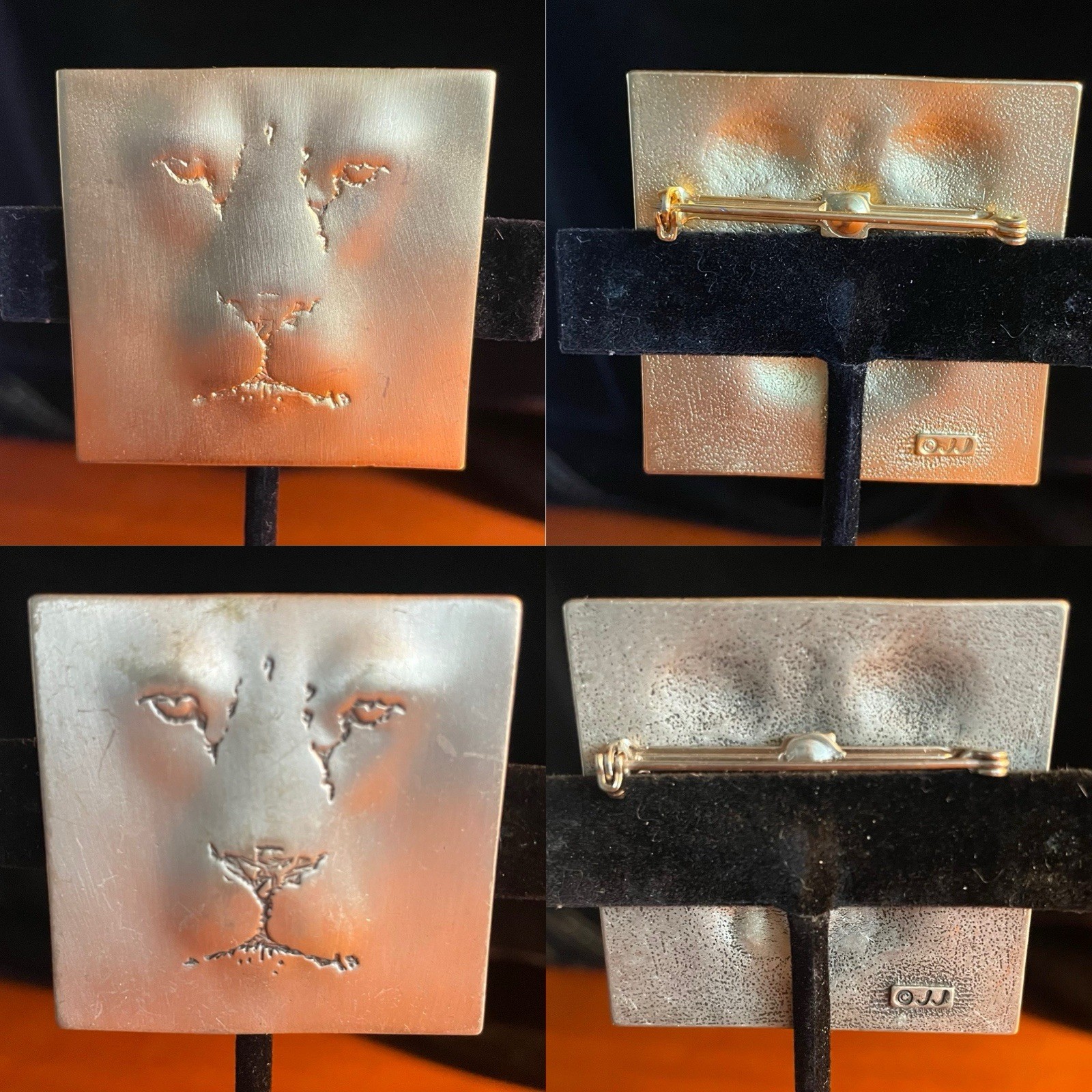Pair Of Vintage Lion Face Brooches Signed JJ – One Is Silver & One Is Gold Tone