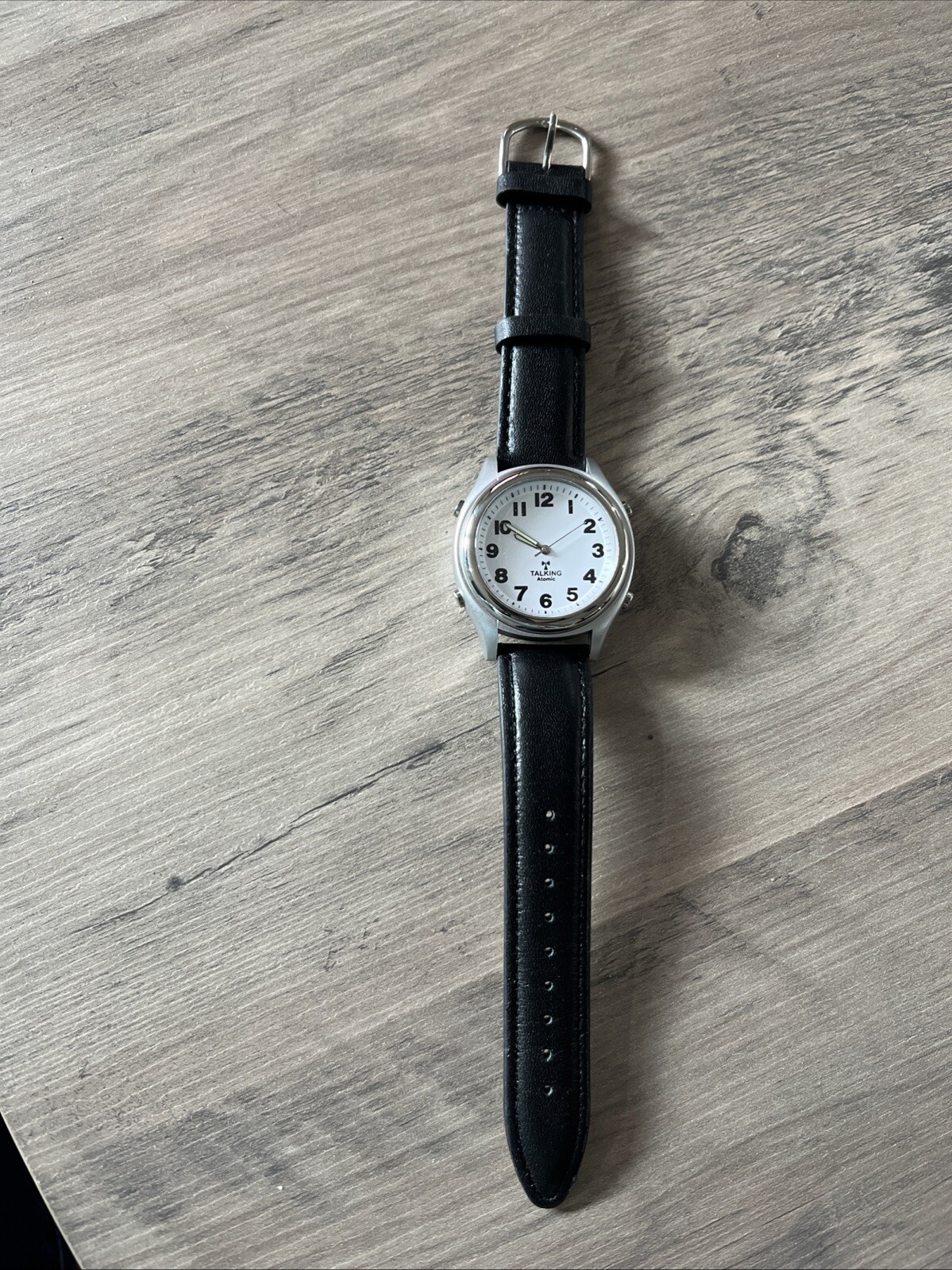Talking Atomic Watch Leather Black Strap Silver Chrome head Loud And Clear Watch