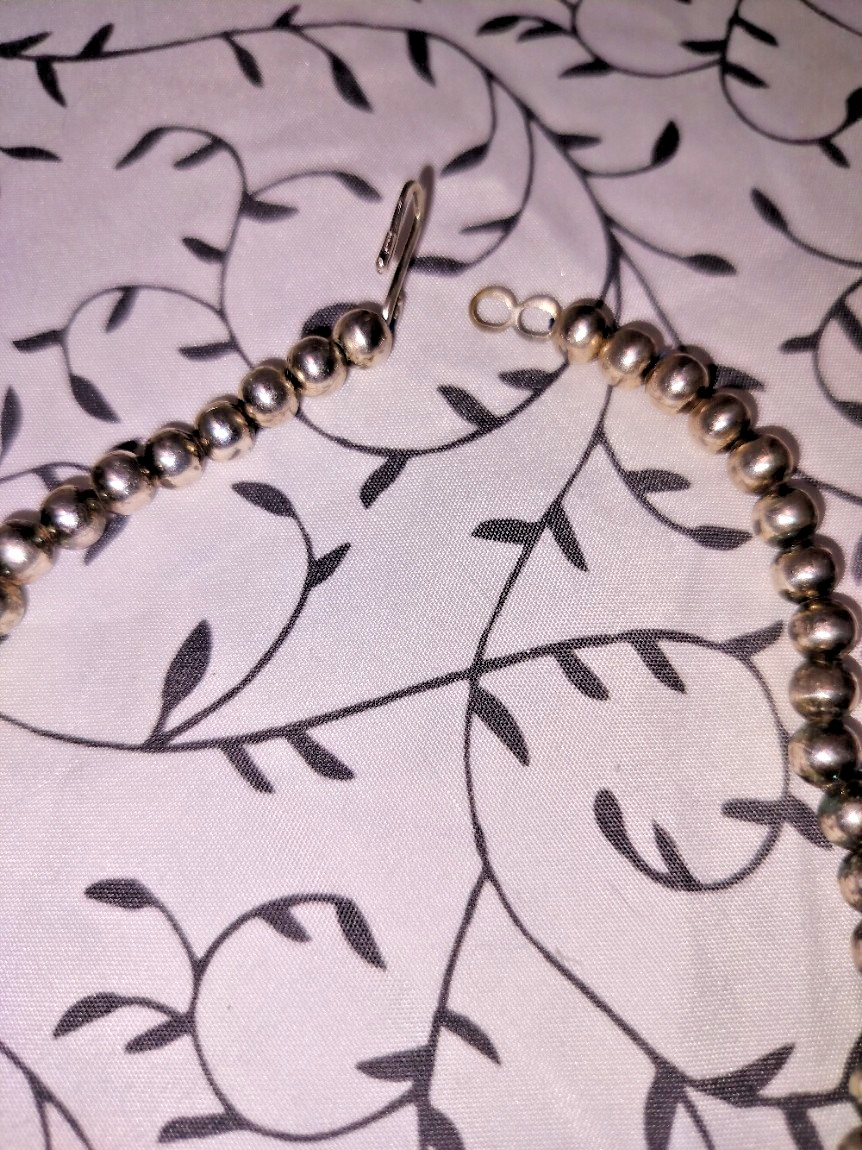 Silver Tone Cross Necklace Mexico Black Glass Cabochon Beaded Chain 20.5in