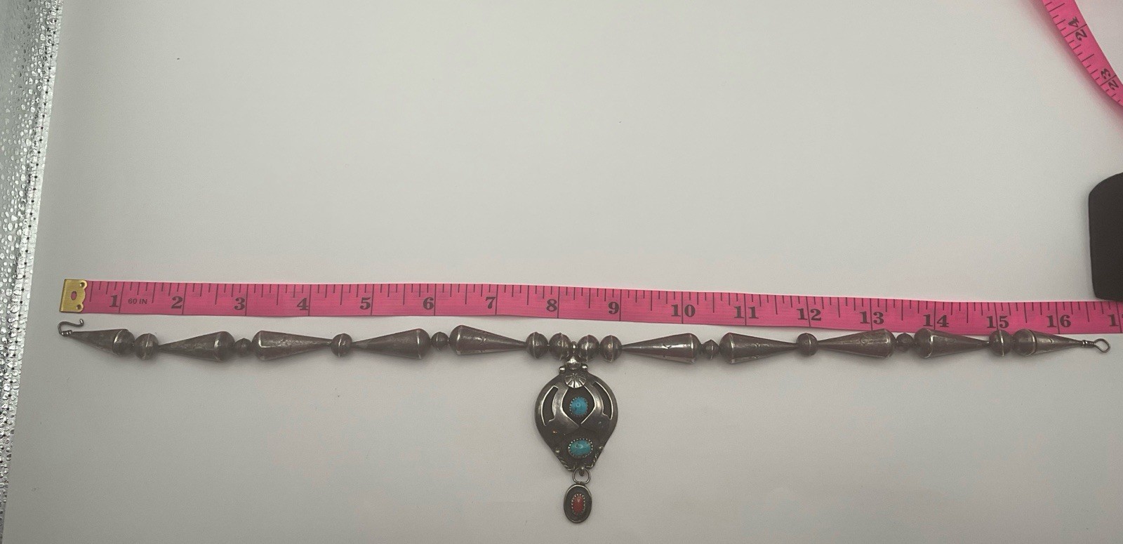 Signed Jesse Claw Navajo Sterling Silver Turquoise Coral Necklace J*C 41.6 grams
