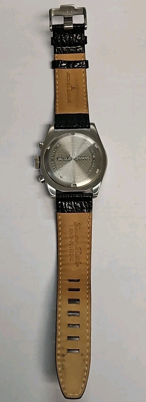 Jacques Lemans Men’s Watch 1-1350 Chronograph 42mm, New Battery, Genuine Leather
