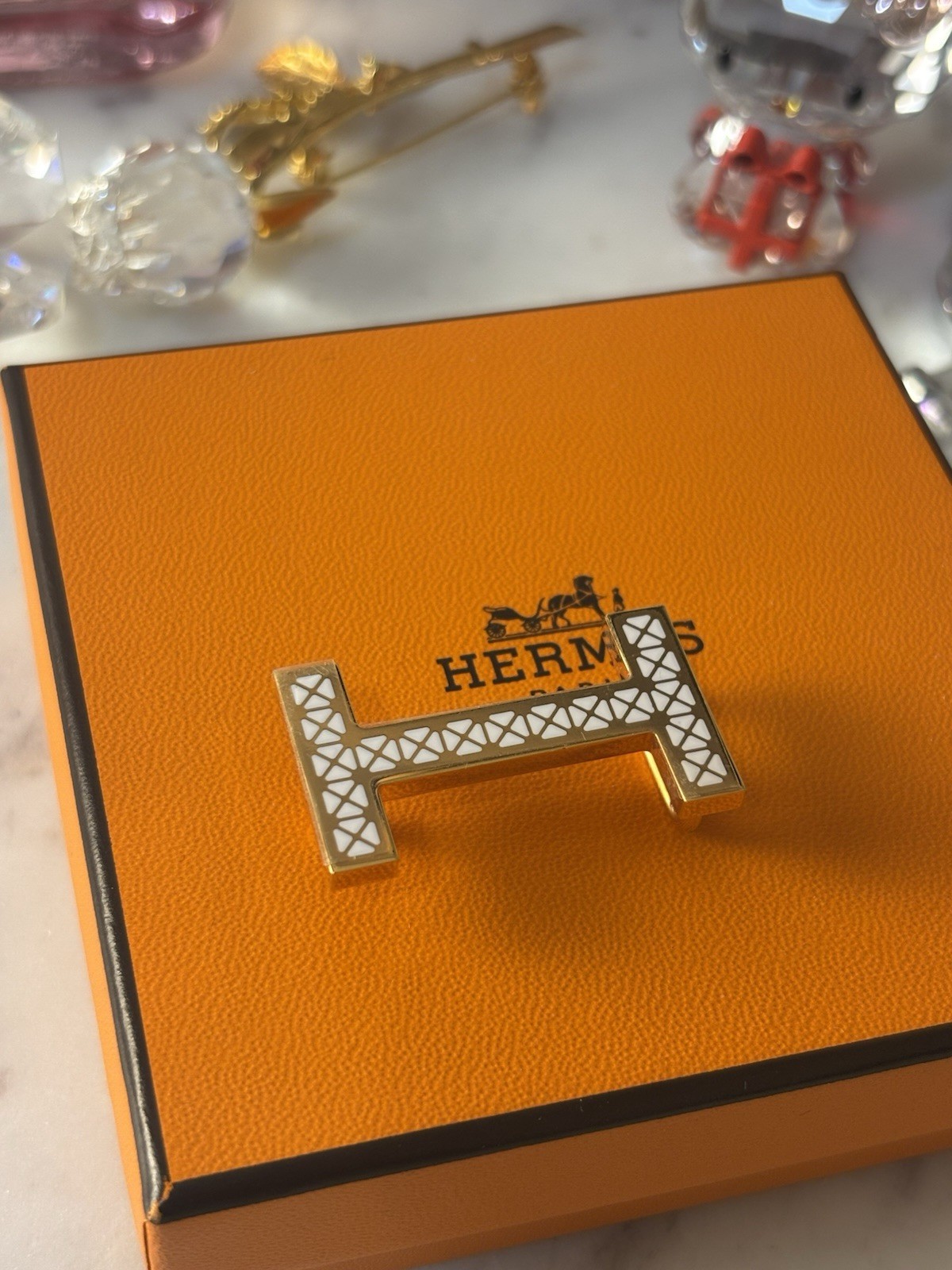 Hermes Signed H Logo Belt Buckle 1.5cm Gold Tone White Enamel w/ Box Made France
