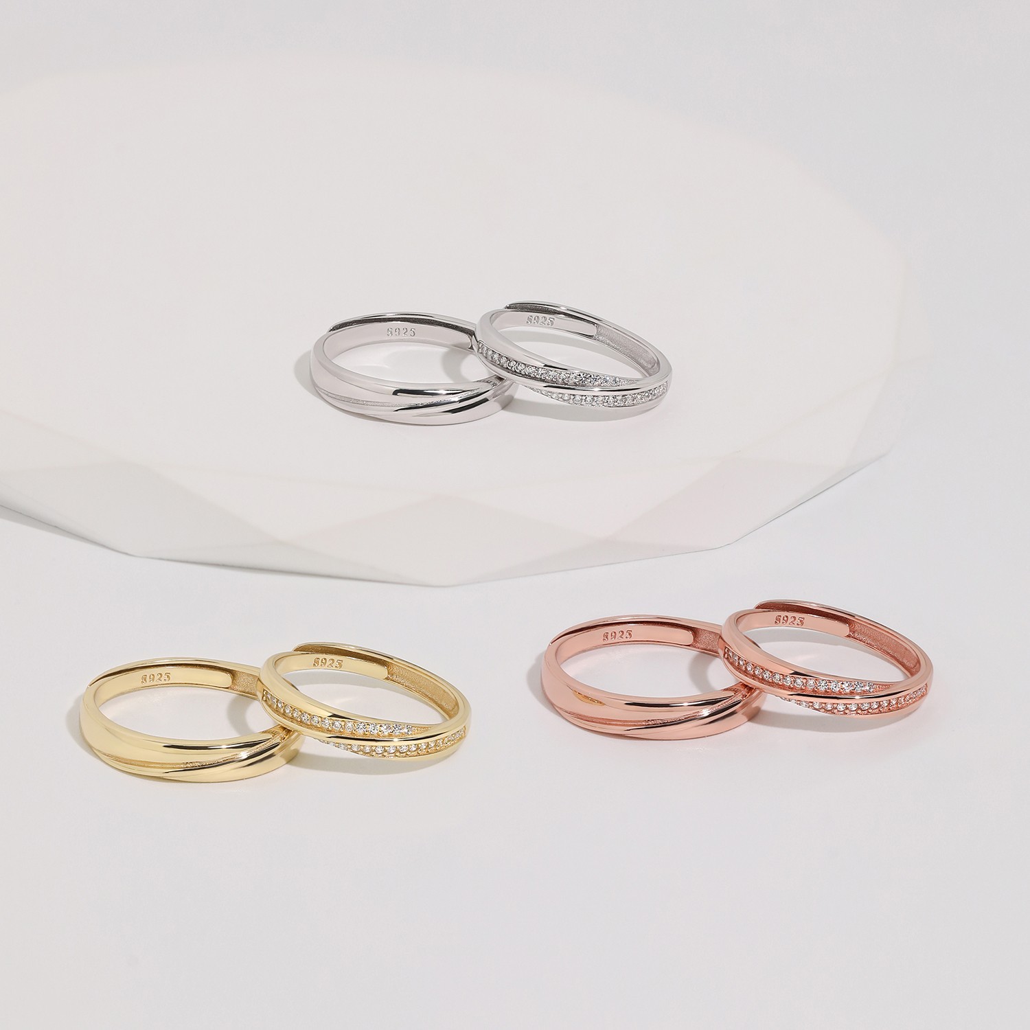 Meissa 2Pcs Couple Rings 925 Sterling Silver Wedding Bands Adjustable Promise