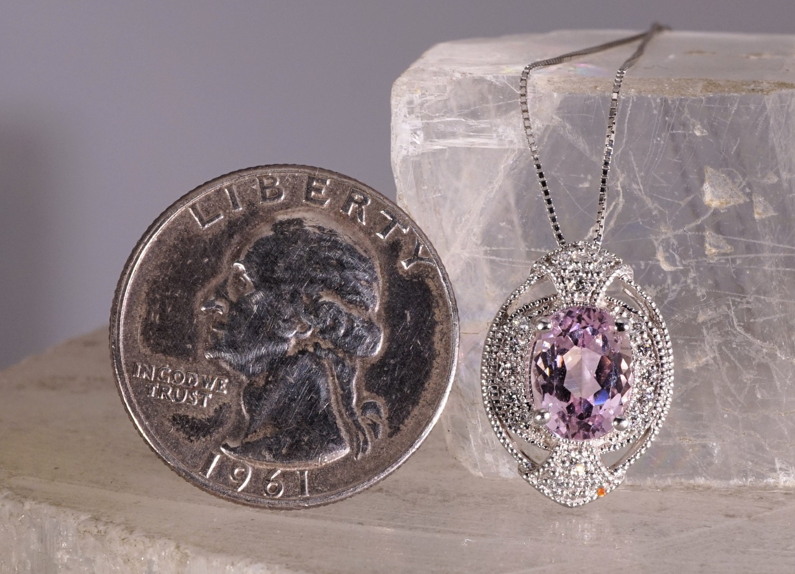 Natural Afghan Kunzite slide Pendant 14k Solid White Gold 2.66ct With Diamonds
