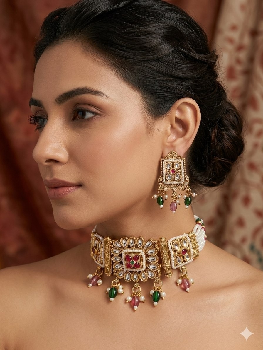 Bollywood Rajwadi Kundan Pearl Choker Set Gold Tone Bridal Wedding Jewelry
