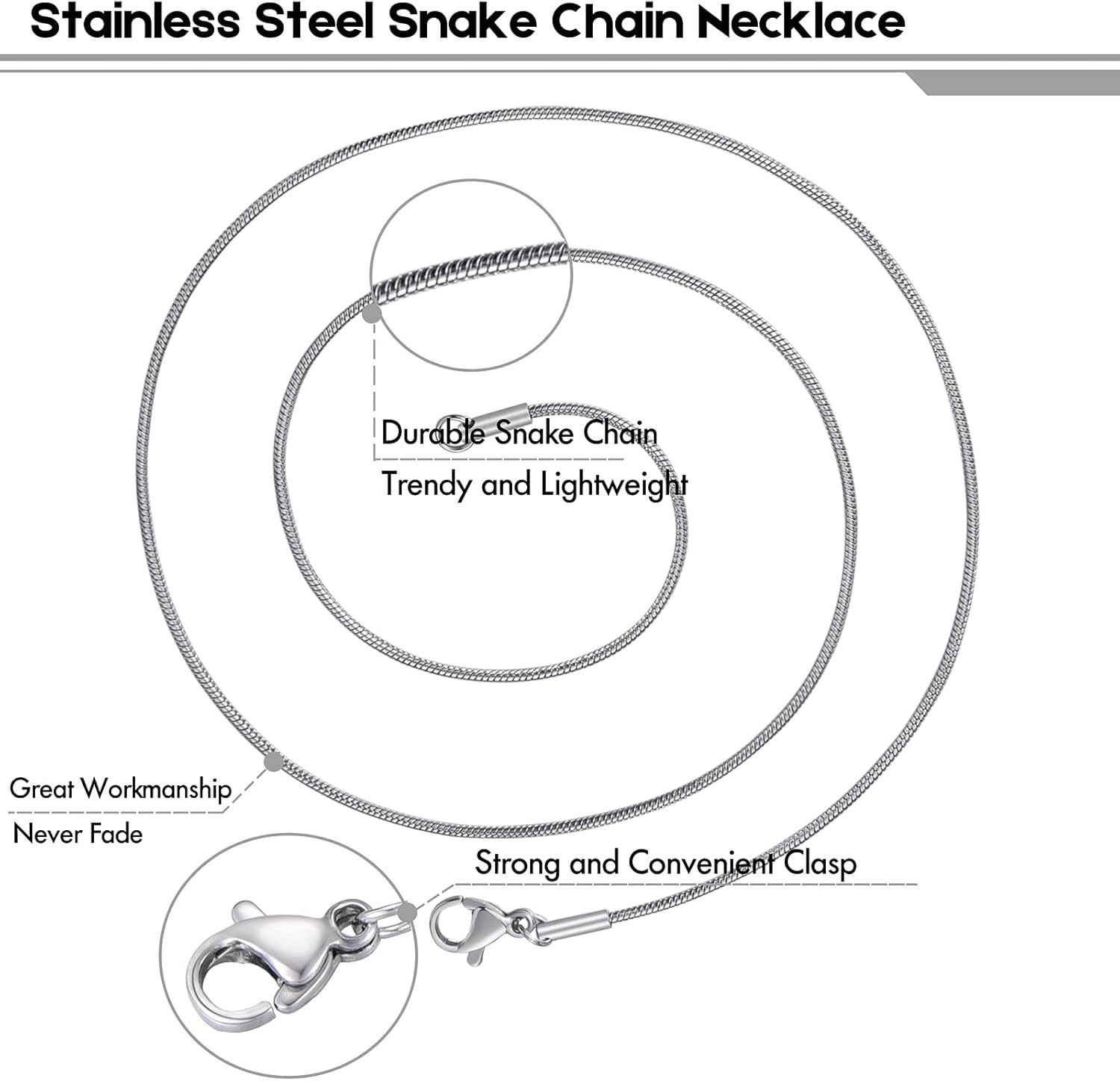 12 Pack Necklace Chains 18 Inches Stainless Steel Snake Chain Necklace