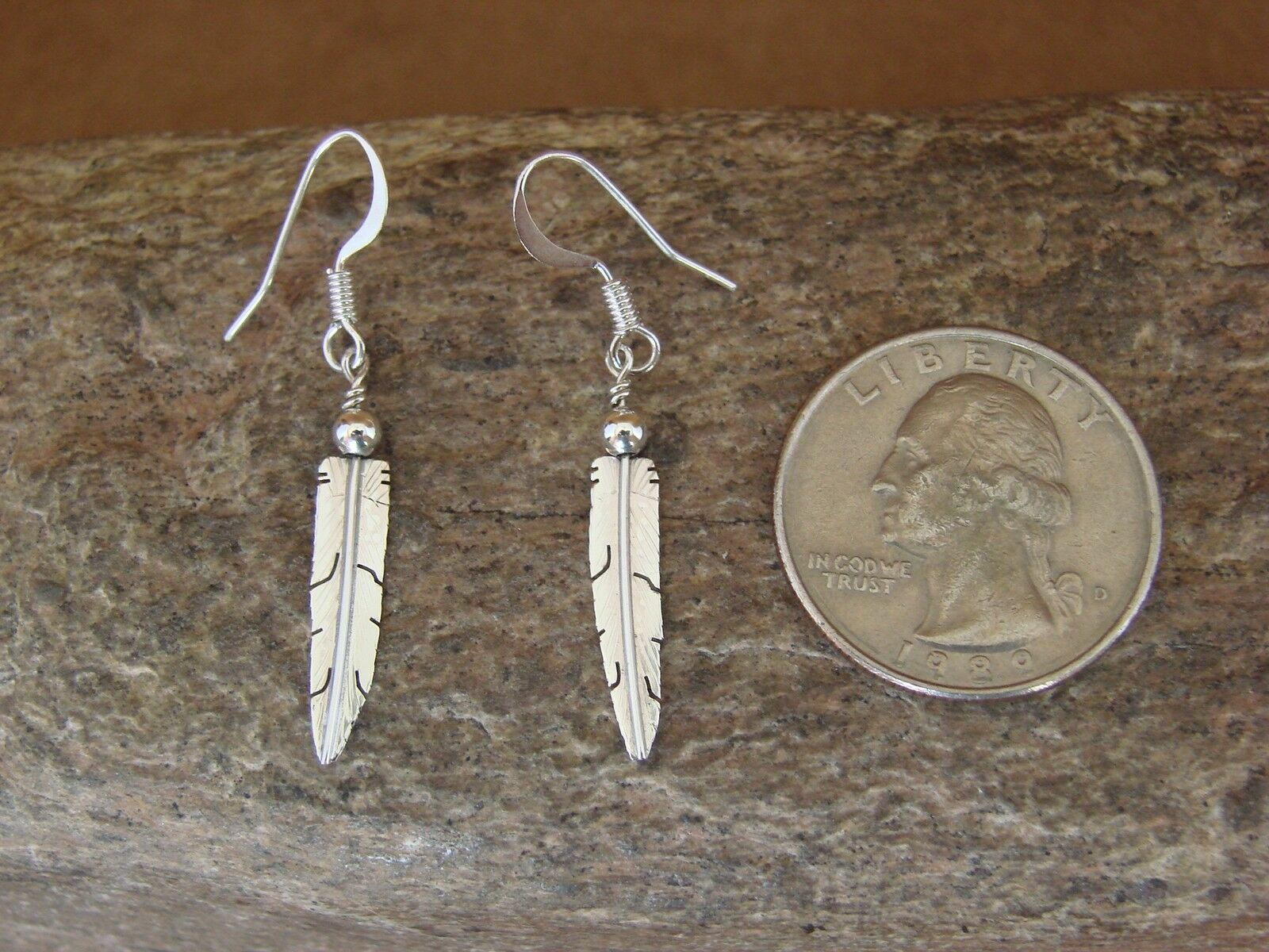 Navajo Indian Hand Stamped Sterling Silver Feather Earrings by Marvin Arviso