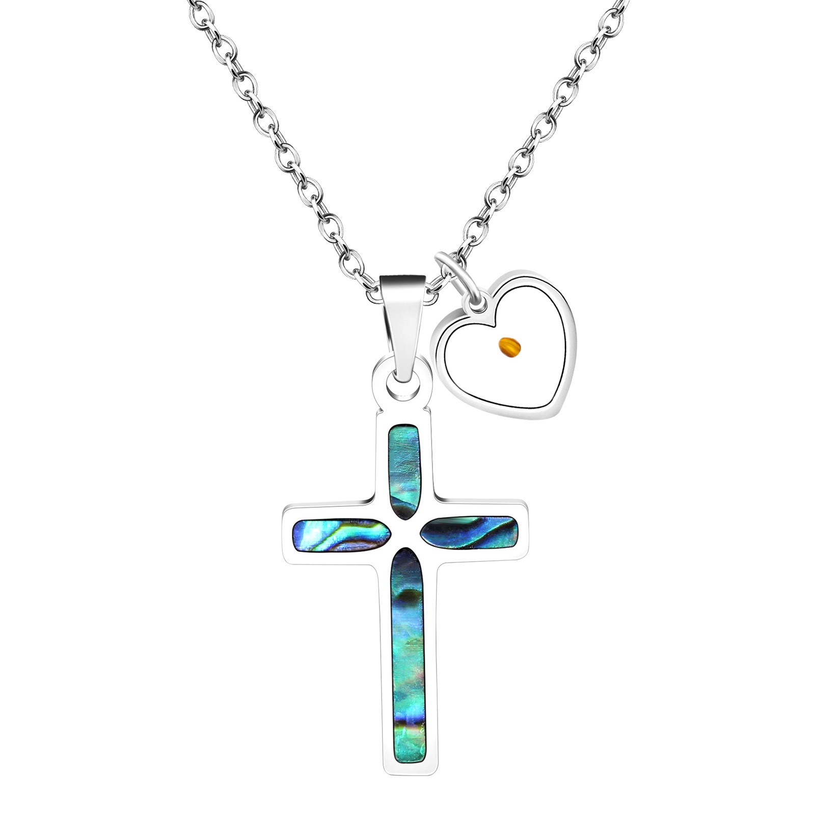 Women’s Girls Christian Mustard Seed Cross Heart Necklace Abalone Shell Pendant