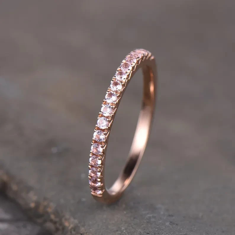 14K Rose Gold Plated Round Cut Morganite Stackable Half Eternity Band Ring