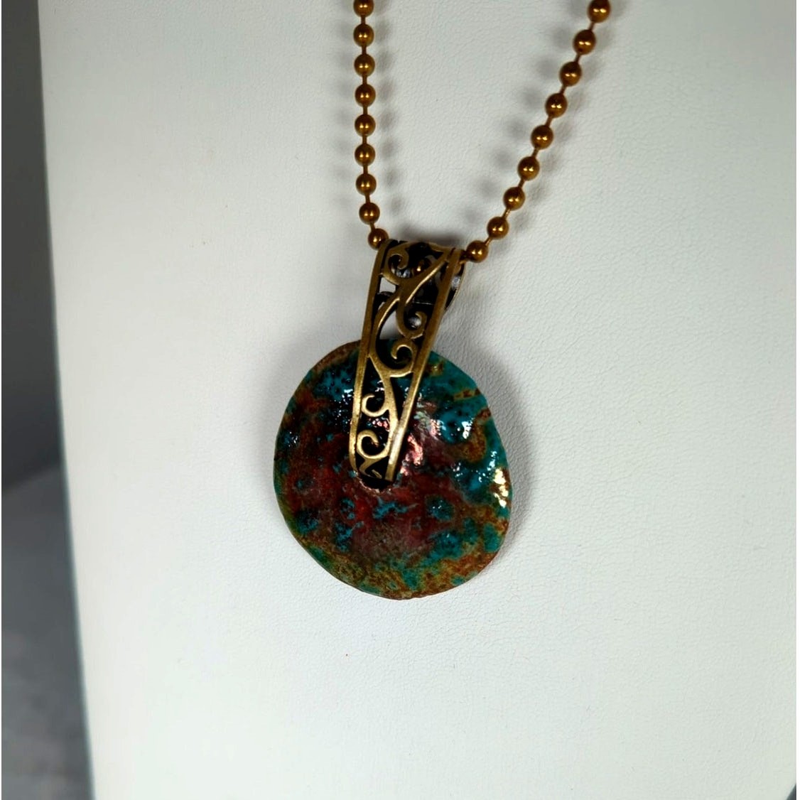 Raku donut pendant+17 ball chain handmade artisan brass ethnic boho hippie NWT
