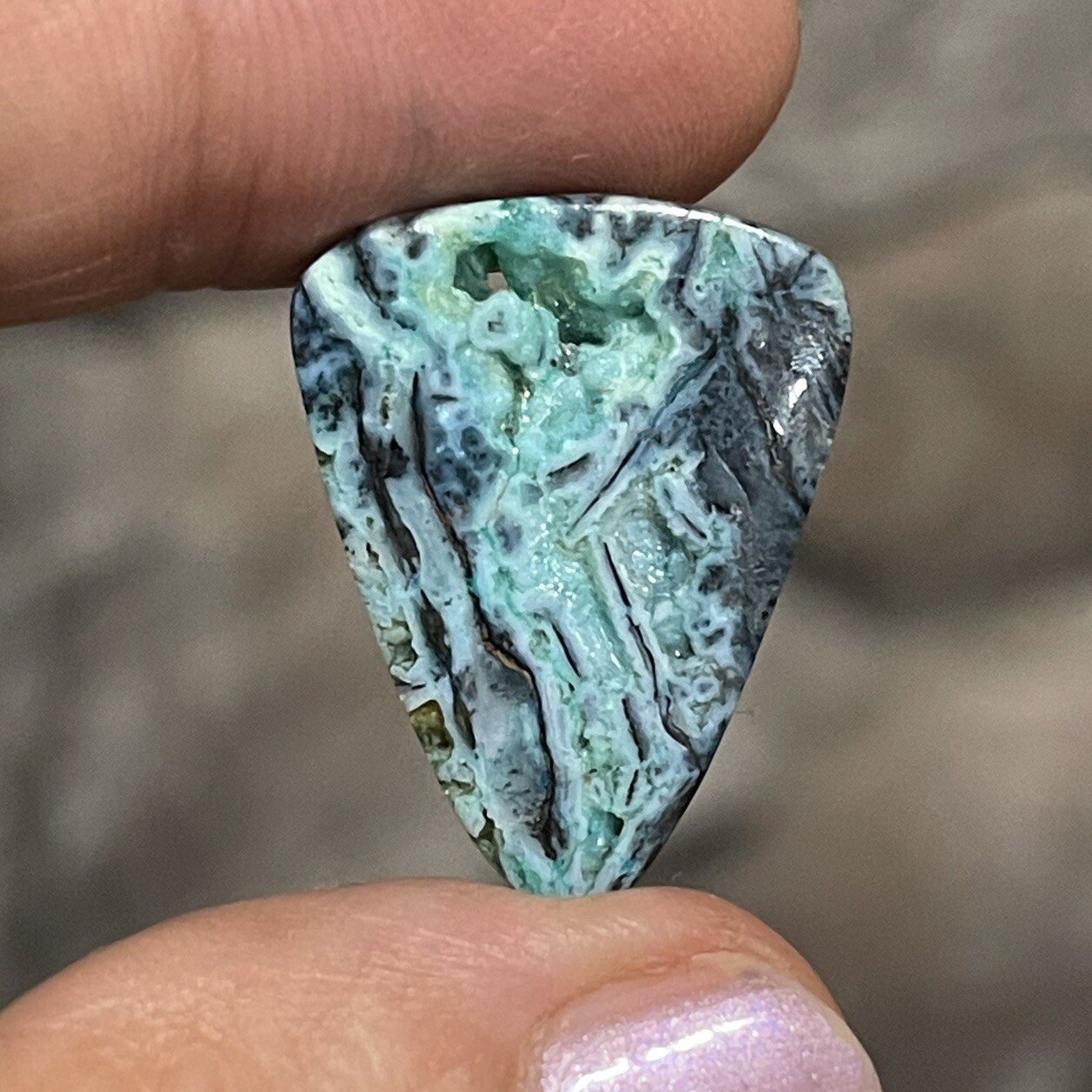 13.7ct 25×19.4×4.4mm Blue Opalized Wood Chrysocolla Triangle Cabochon Stone