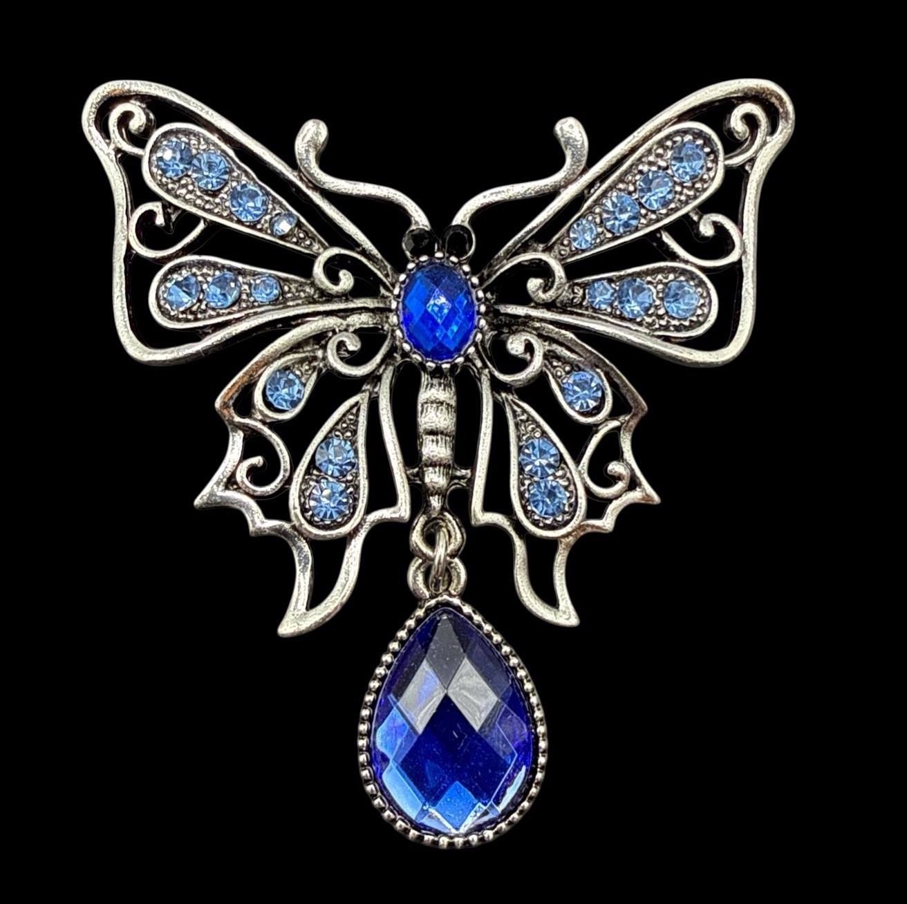 Butterfly Brooch Pin Pendant Dangle Blue Rhinestone J26