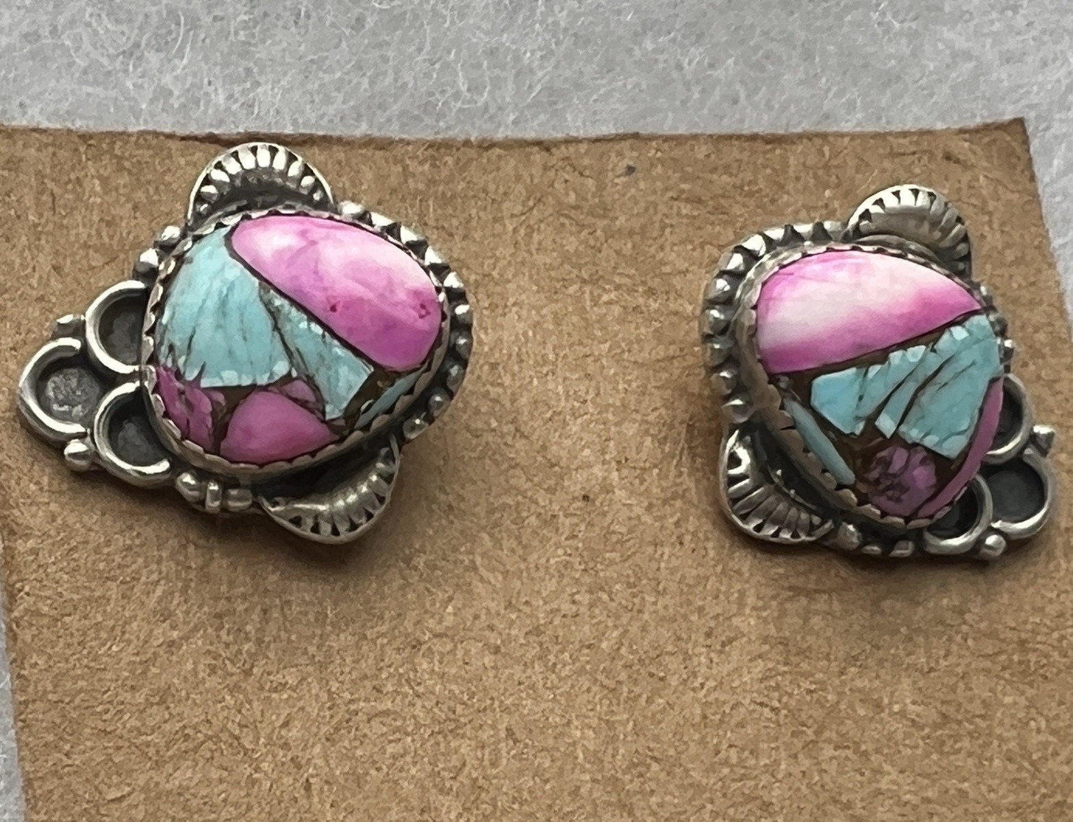 Sterling Silver Cotton Candy Turquoise & Pink Spiny Oyster Stud Earrings 925