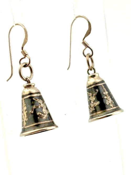 VINTAGE SIAM THAILAND STERLING SILVER NIELLO DANCER DROP EARRING ASIA 1.25″ 3087
