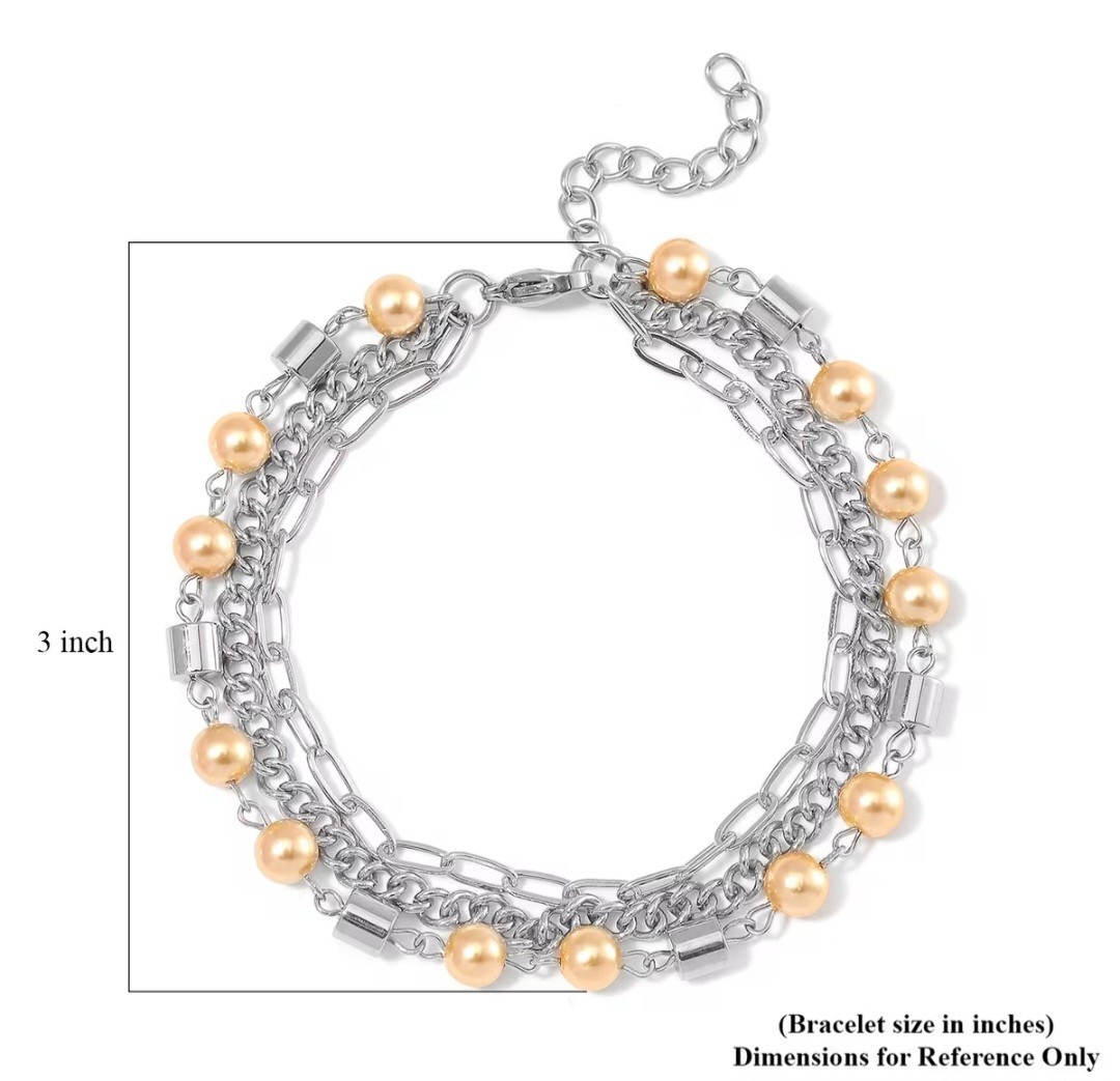 Golden Color Shell Pearl 3 Row Bracelet in Stainless Steel (7.5-9.0In)