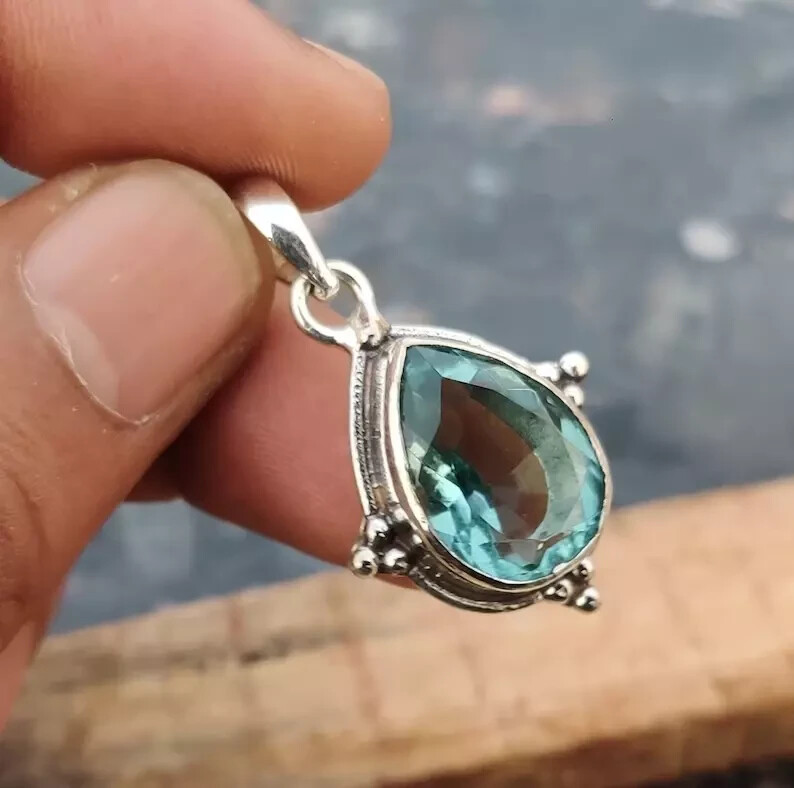 925 Sterling Silver Aquamarine Gemstone Pendant Handmade Bohemian Pendant SR181