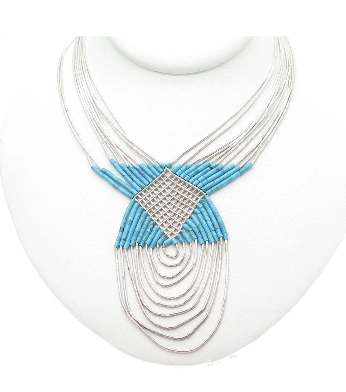 Vintage Liquid Silver .925 Turquoise Beaded Layered Necklace Ethnic Woven Hook