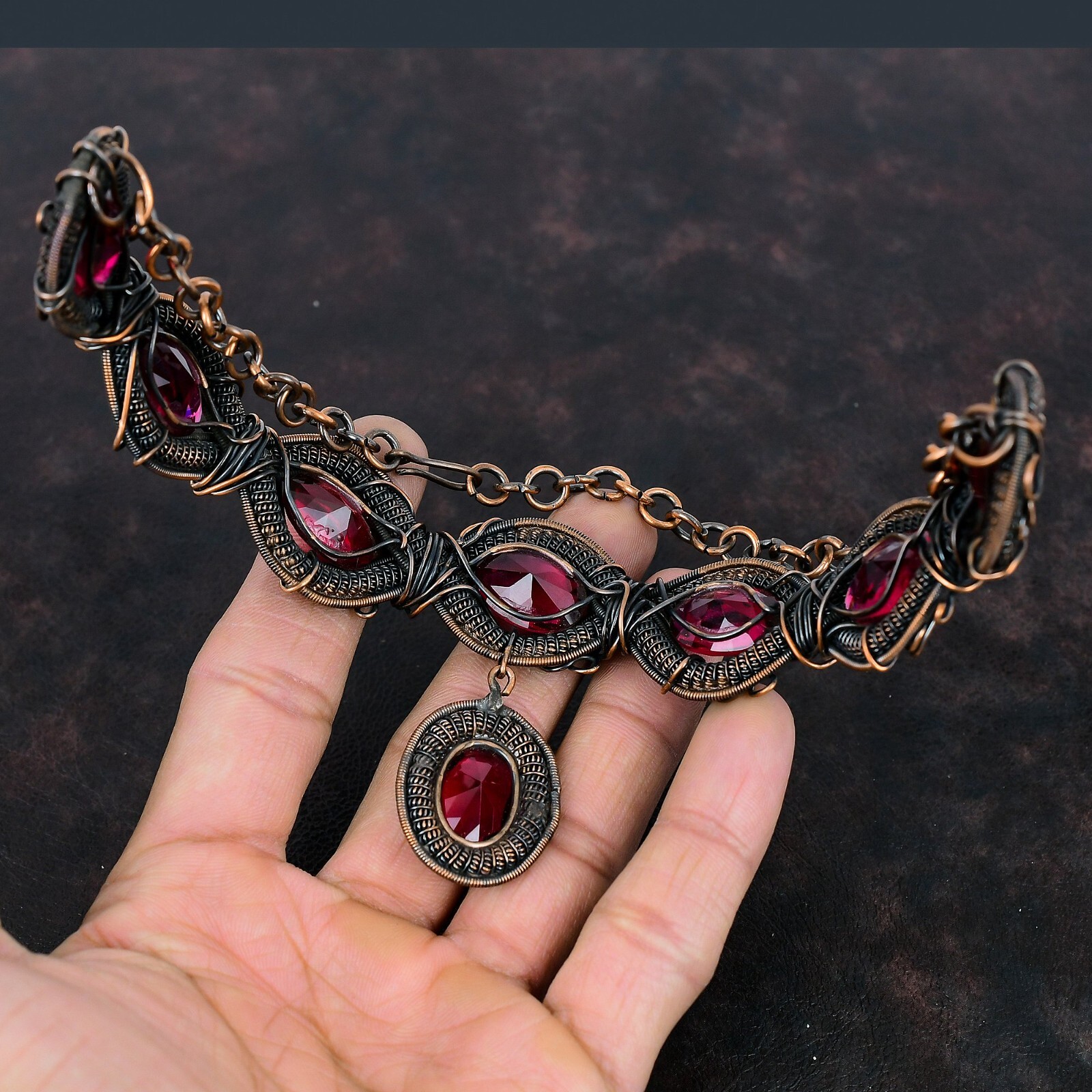 Gift For Her Rubellite Wire Wrapped Chain Adjustable Necklace Copper 18.0″