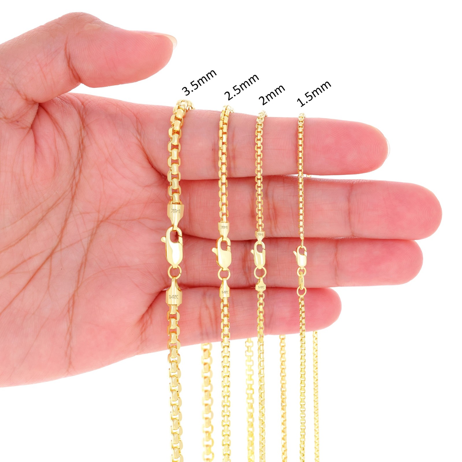 14K Yellow Gold 1.5mm-3.5mm Venetian Round Box Chain Necklace Men Women 16″- 30″