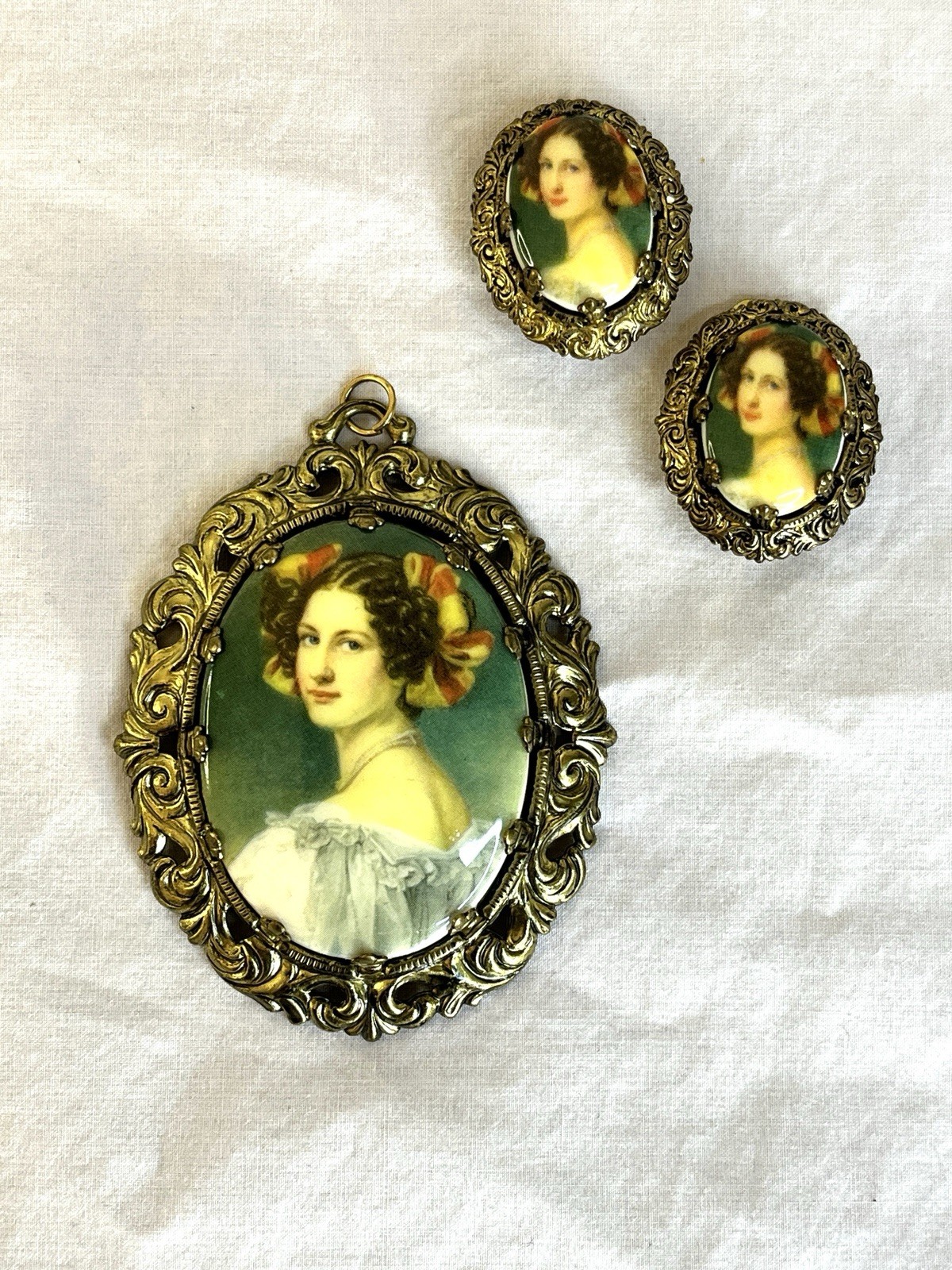 Vintage West Germany Porcelain Woman Necklace Pendant and Earrings Bridgerton St