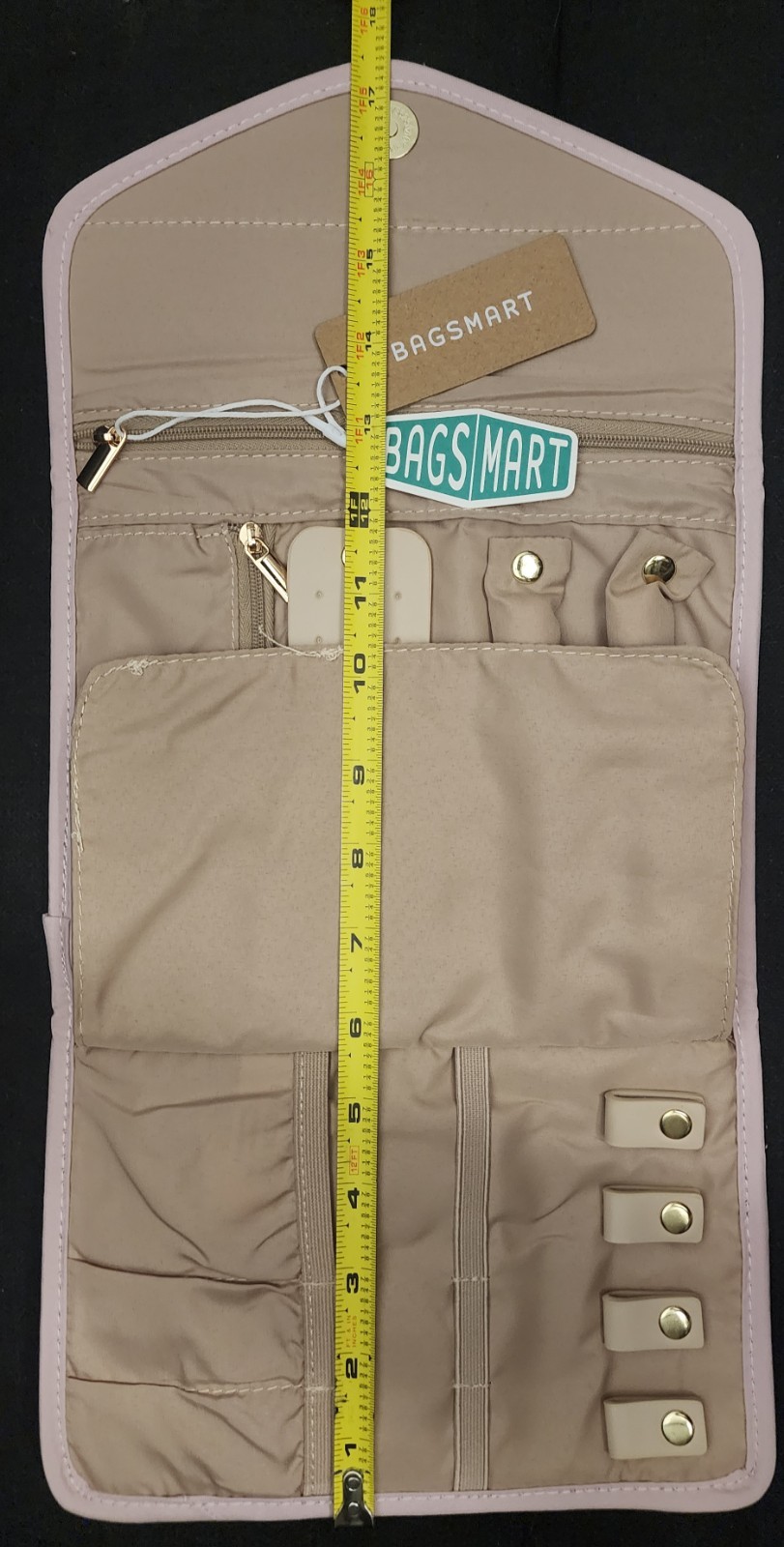 Bagsmart Beige Travel Jewelry Roll Organizer with Compartments & Zippered Pocke…