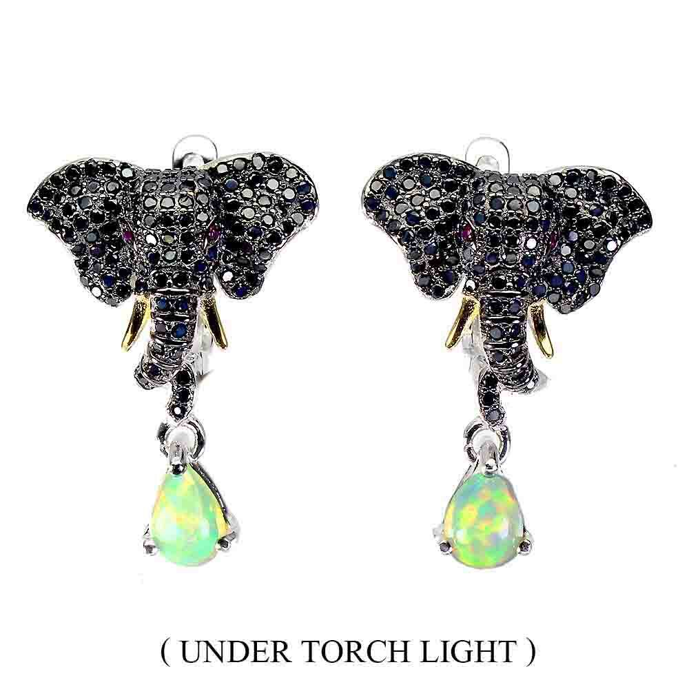 Pear Fire Opal 7x5mm Simulated Cz 925 Sterling Silver Elephant Earrings