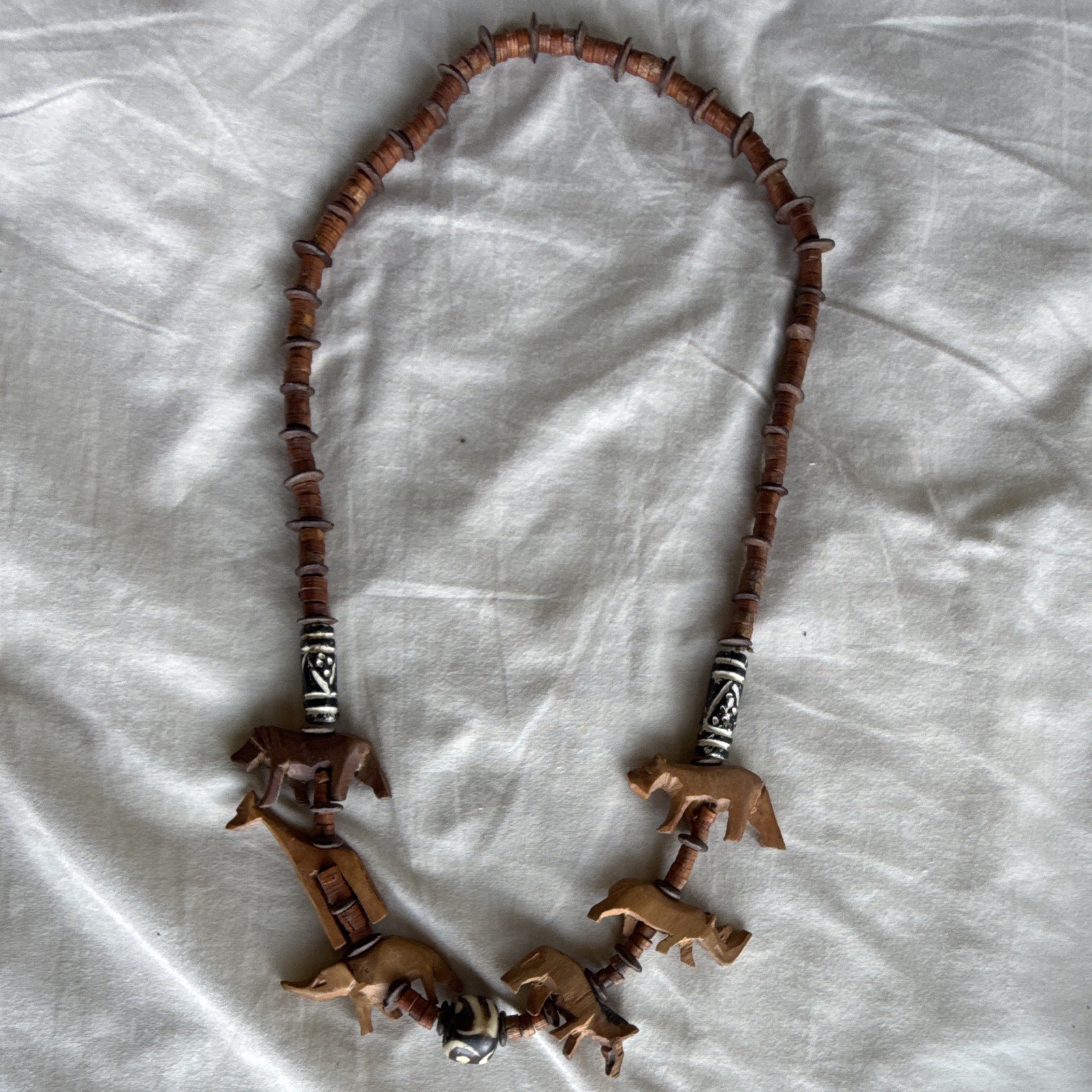 Vintage African Hand Carved Wooden Safari Jungle Animals Beaded Tribal Necklace