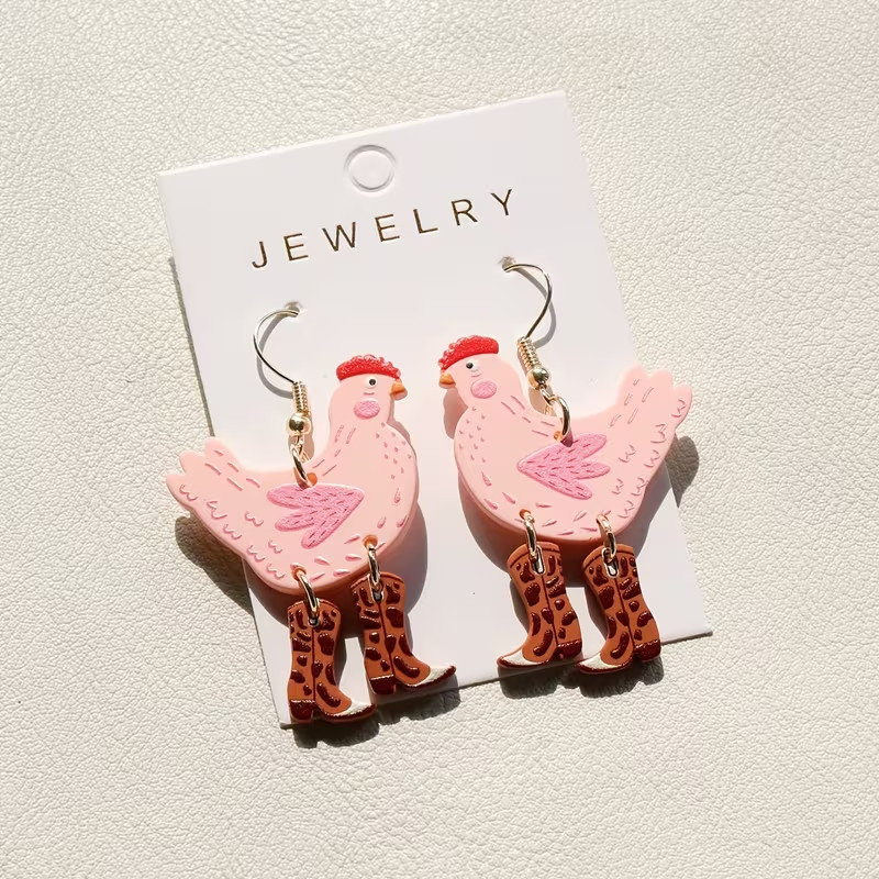 Bid for a Cause! Pink Chicken Cowboy Boot Earrings