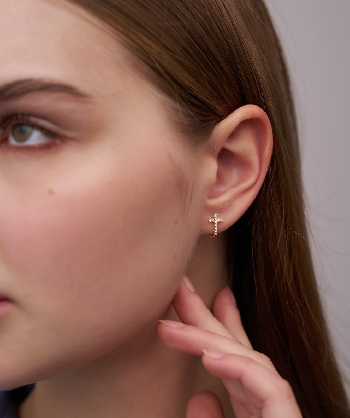 Round Cut Lab Grown Diamond 14K Solid Gold Cross Huggie Hoop Earrings For Woman