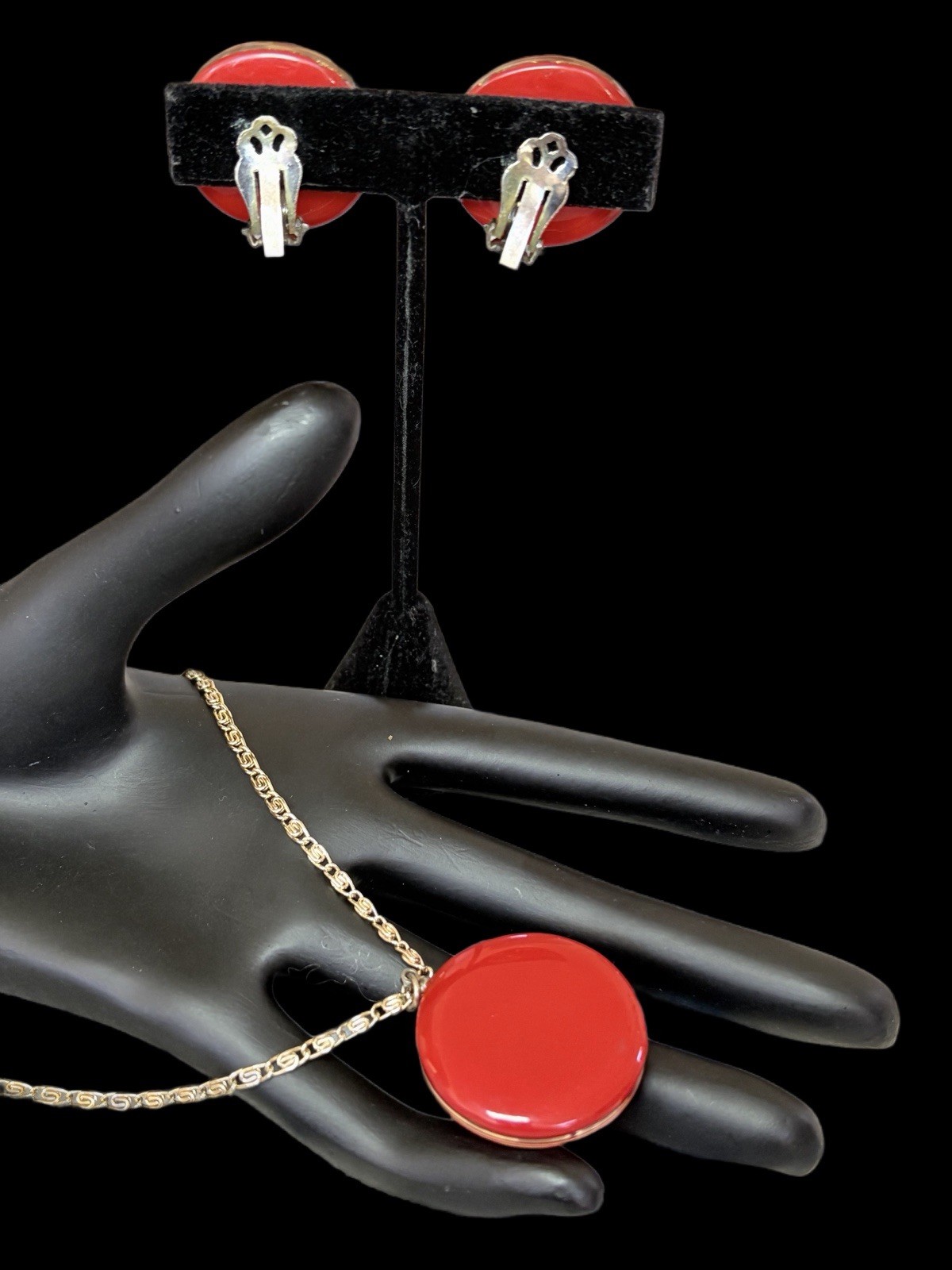 Vintage West Germany Red Resin & Gold Foil Pendant Necklace & Earrings Set~1950s