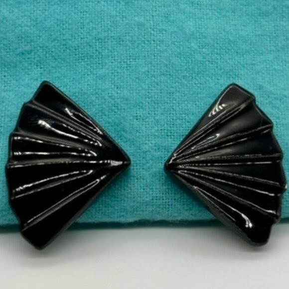 Vintage Lucite Plastic Earrings Similar to Bakelite Black Fan Shape, Screw-Backs
