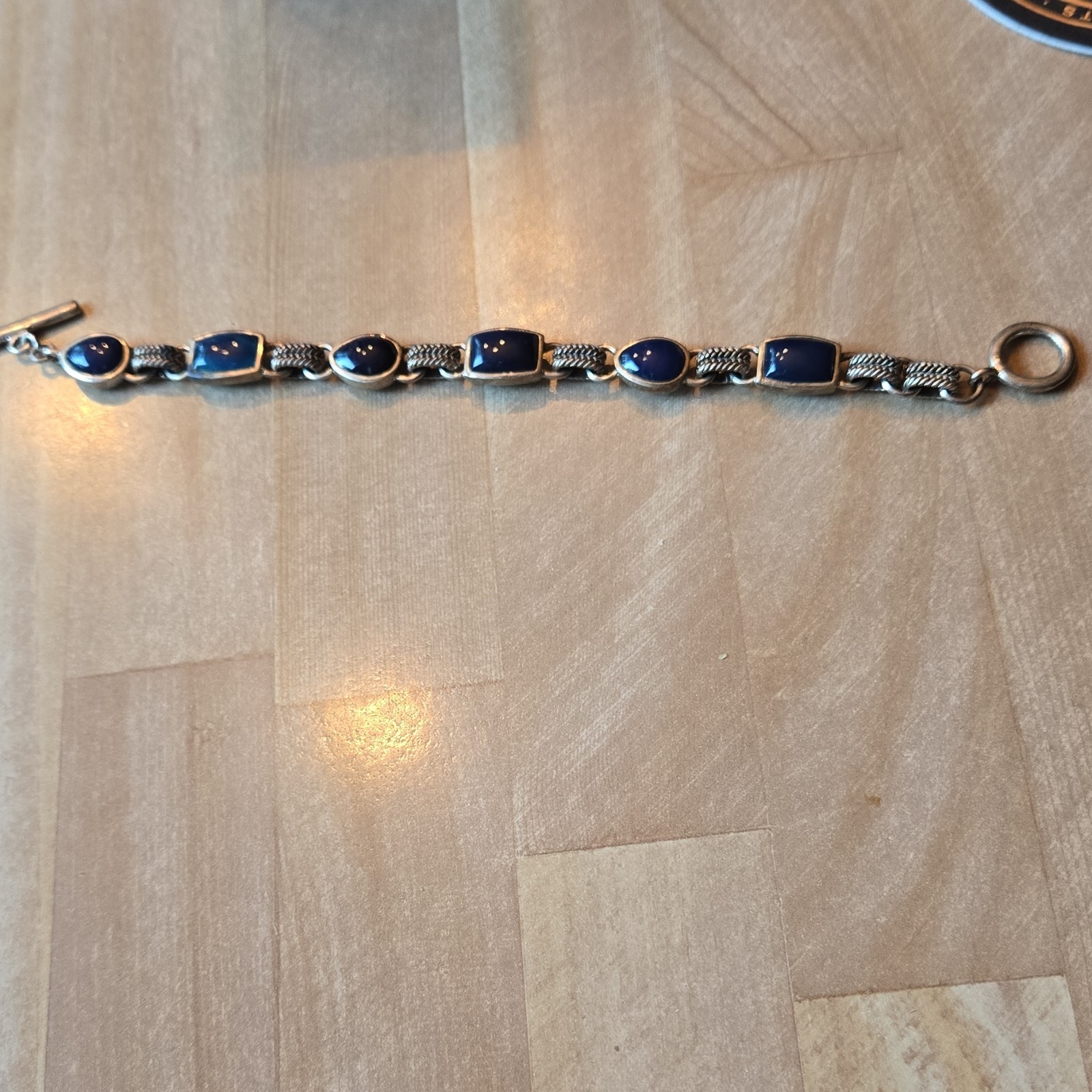 925 Sterling Silver Link Station Bracelet Oval Lapis Lazuli Bezel Toggle