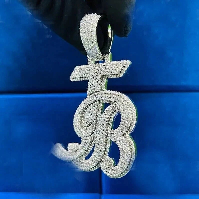 3Ct Natural Moissanite Men Custom Letter “JB” Men’s Pendant 925 Sterling Silver