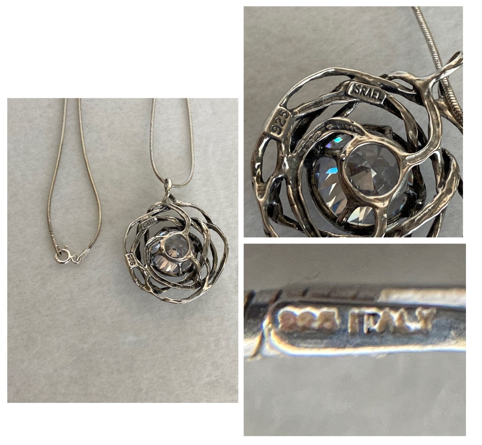 Sterling Silver 925 PZ Israel Large Round Modernist Pendant Necklace 18″