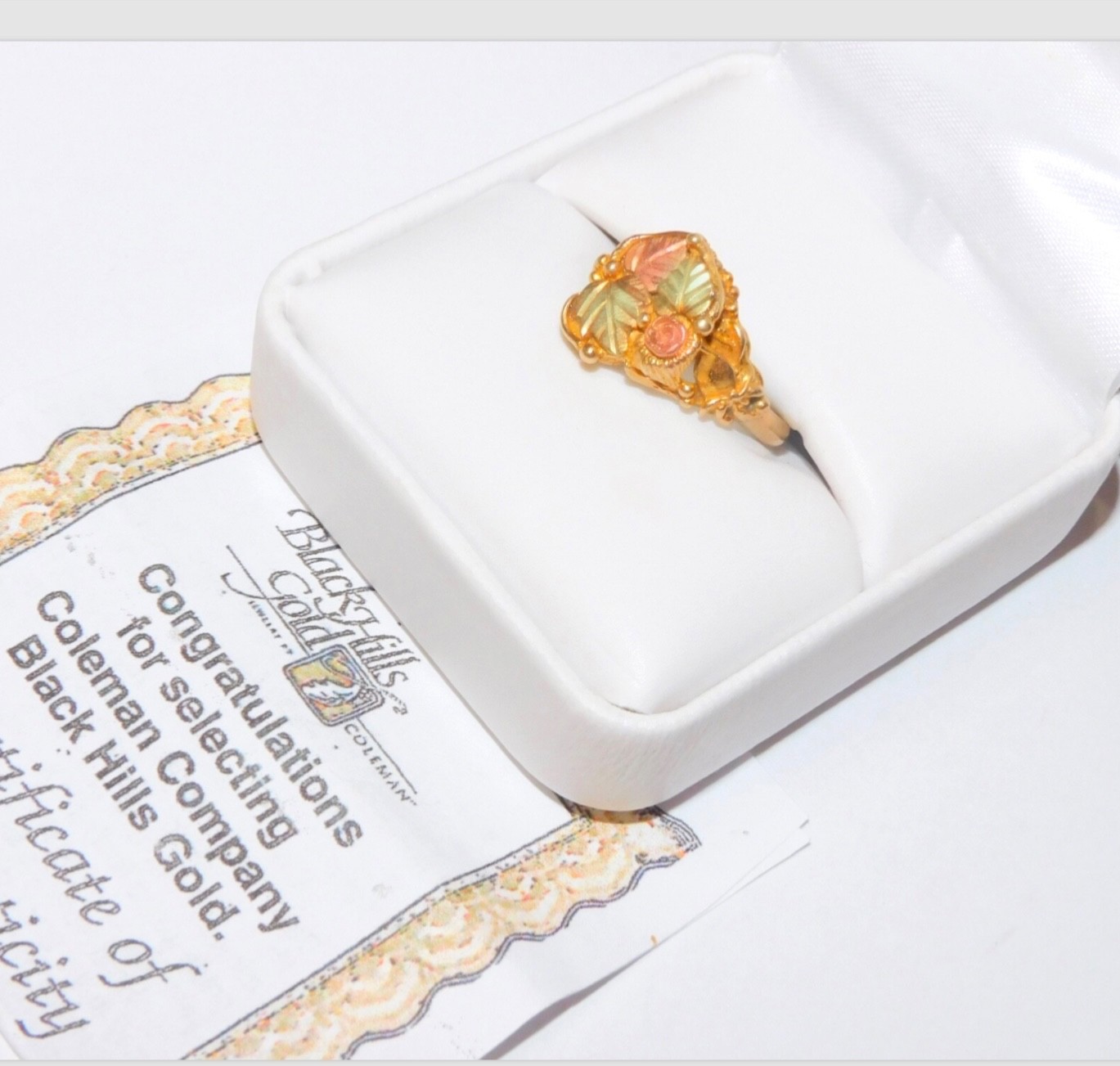 Black Hills Gold 10k Large Coleman Rose Three Leaves Ring Size 6 1/2
