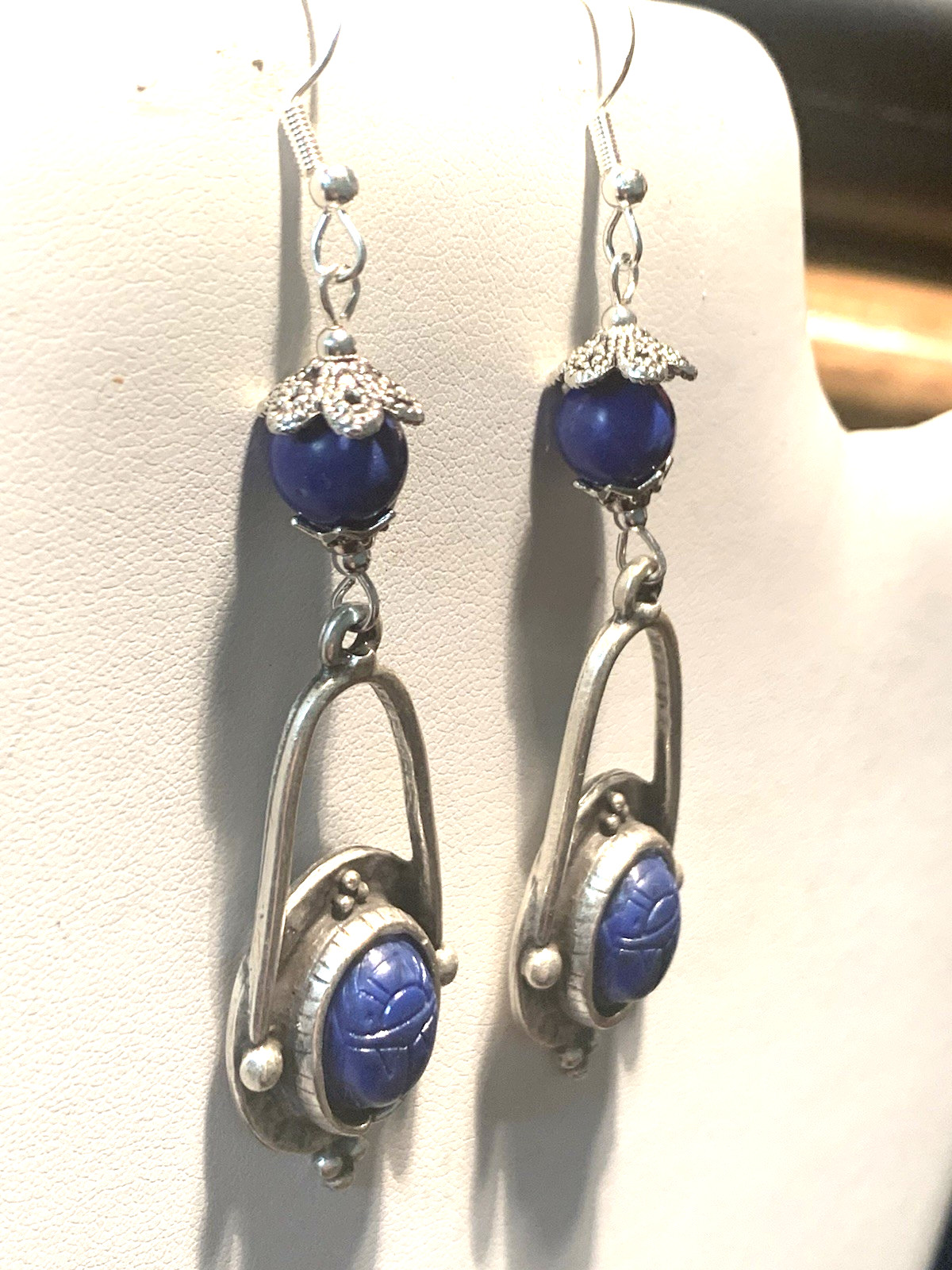 NEW ITEM* HANDCRAFTED EGYPT CARVED VTG. LAPIS SCARAB EARRINGS-NEW-.925 EAR WIRES