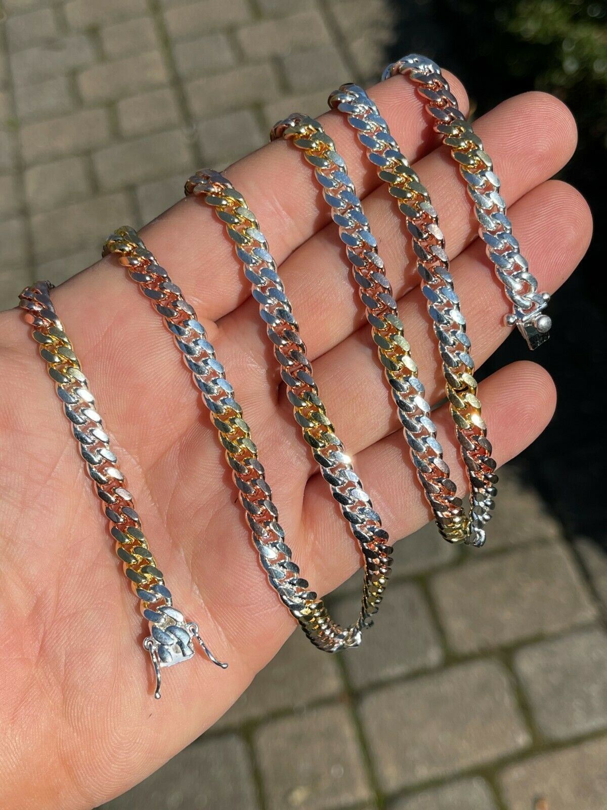 Tri Color Solid 925 Silver Rose & 14k Gold Plated Miami Cuban Necklace Bracelet