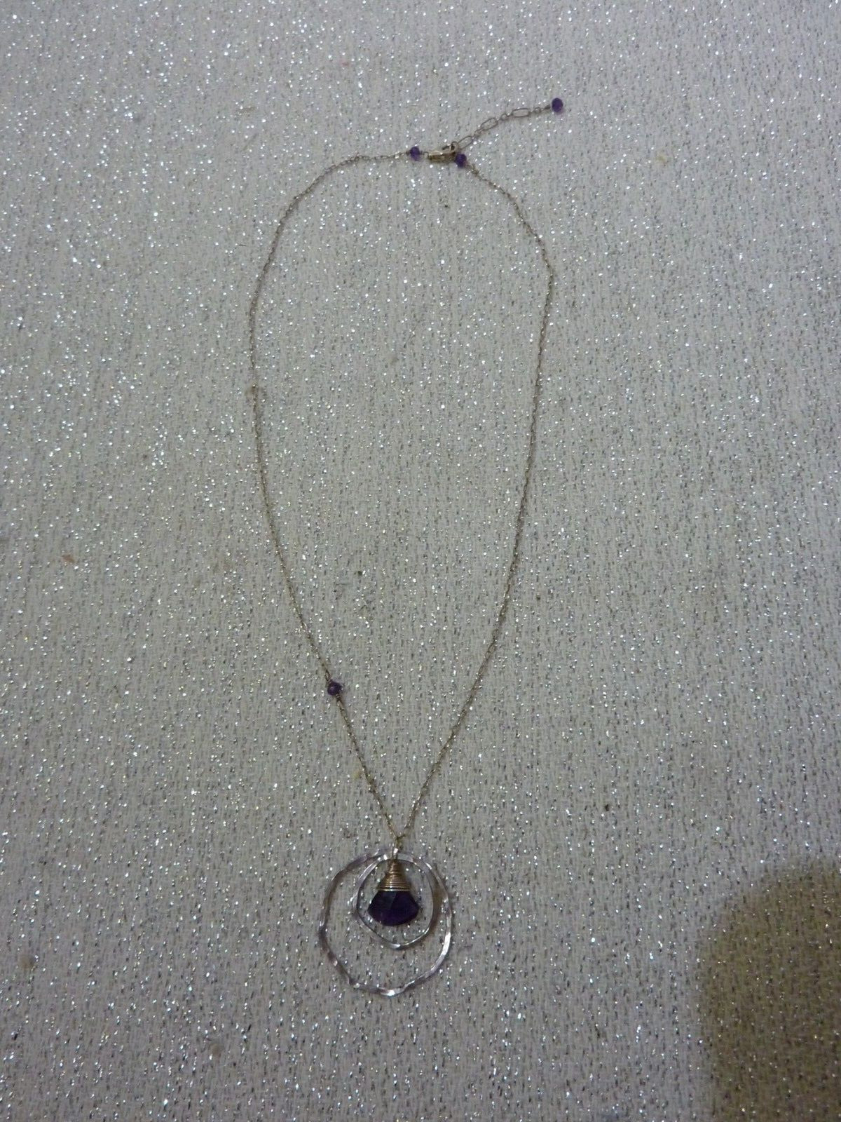 Gorgeous Amethyst Chips Hammered Sterling 925 Double Circle 925 Necklace 16-18″