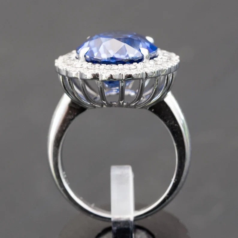 5.00 Ct Oval Natural Sapphire & Diamond Engagement Ring 14K White Gold Size 8
