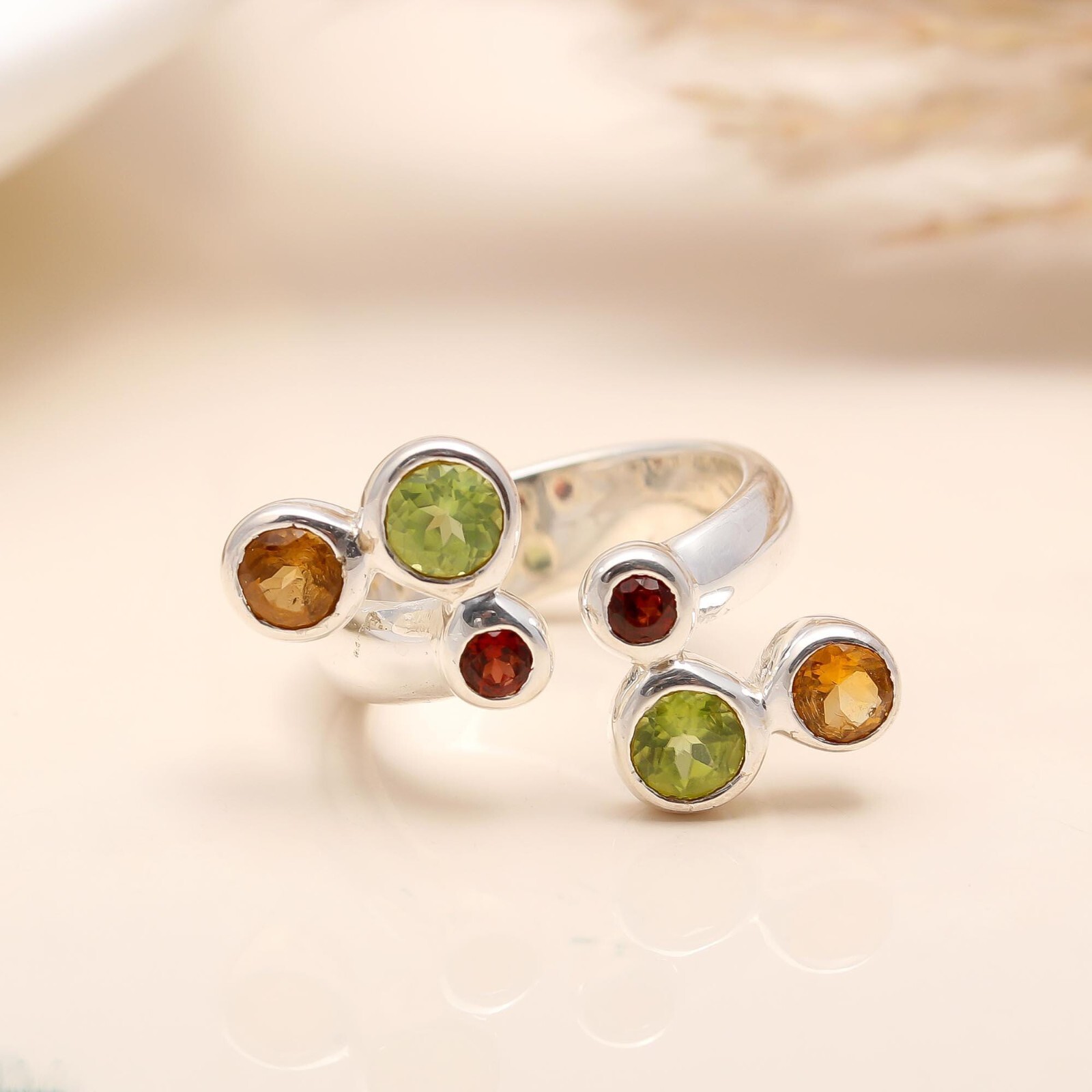 Peridot Gemstone Garnet Art Deco Statement Sister Prong Ring Jewelry 925 Silver