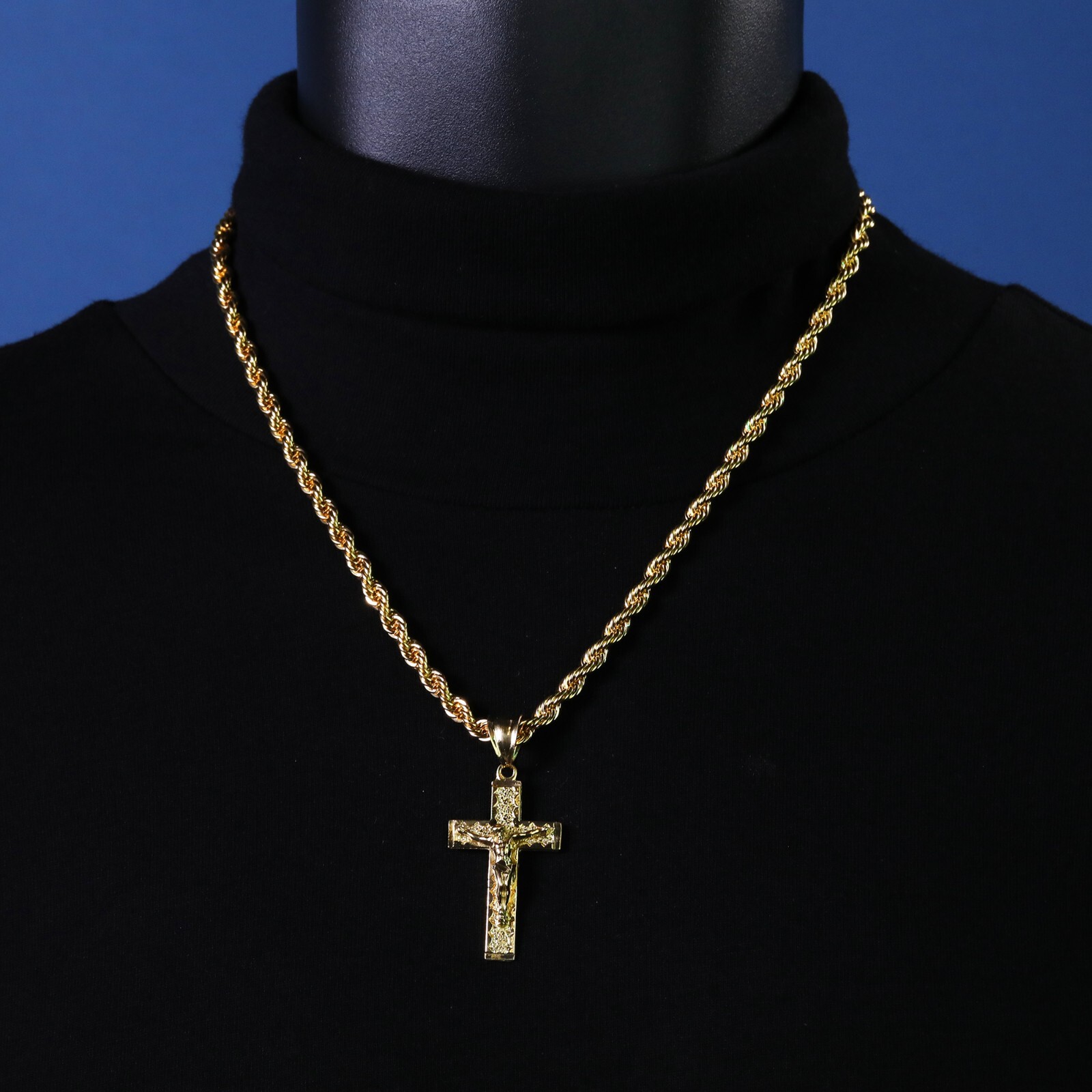 Jesus Cross Pendant Crucifix Nugget Brass 14k Gold Plated 20″ Rope Choker Chain