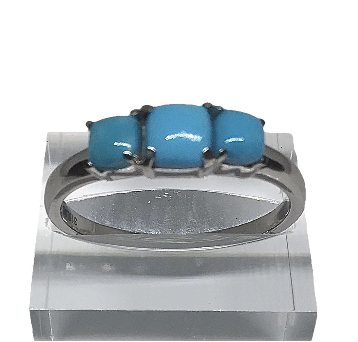 Three-Stone Cushion Sleeping Beauty Turquoise Pure Stainless Steel Ring SZ 10