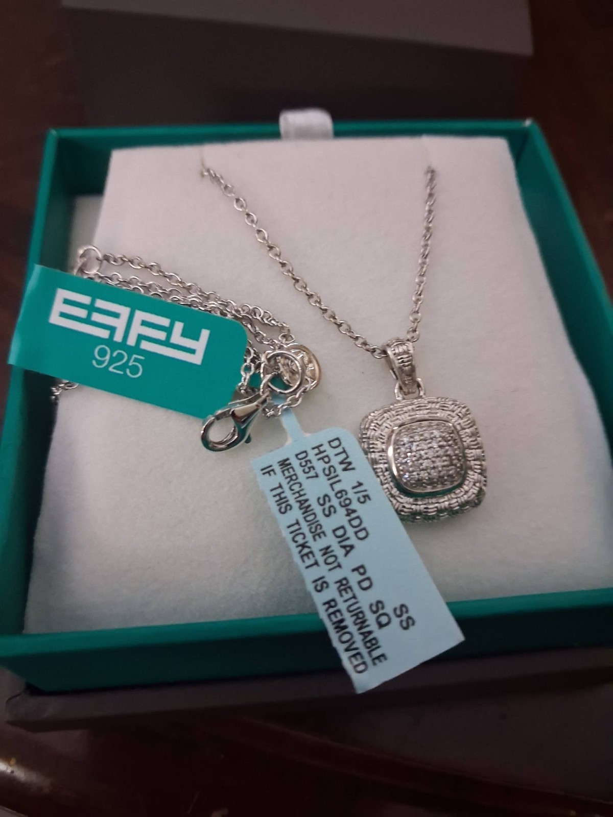 Effy Sterling Silver Pendant Necklace cusshion shaped designed paved dimonds