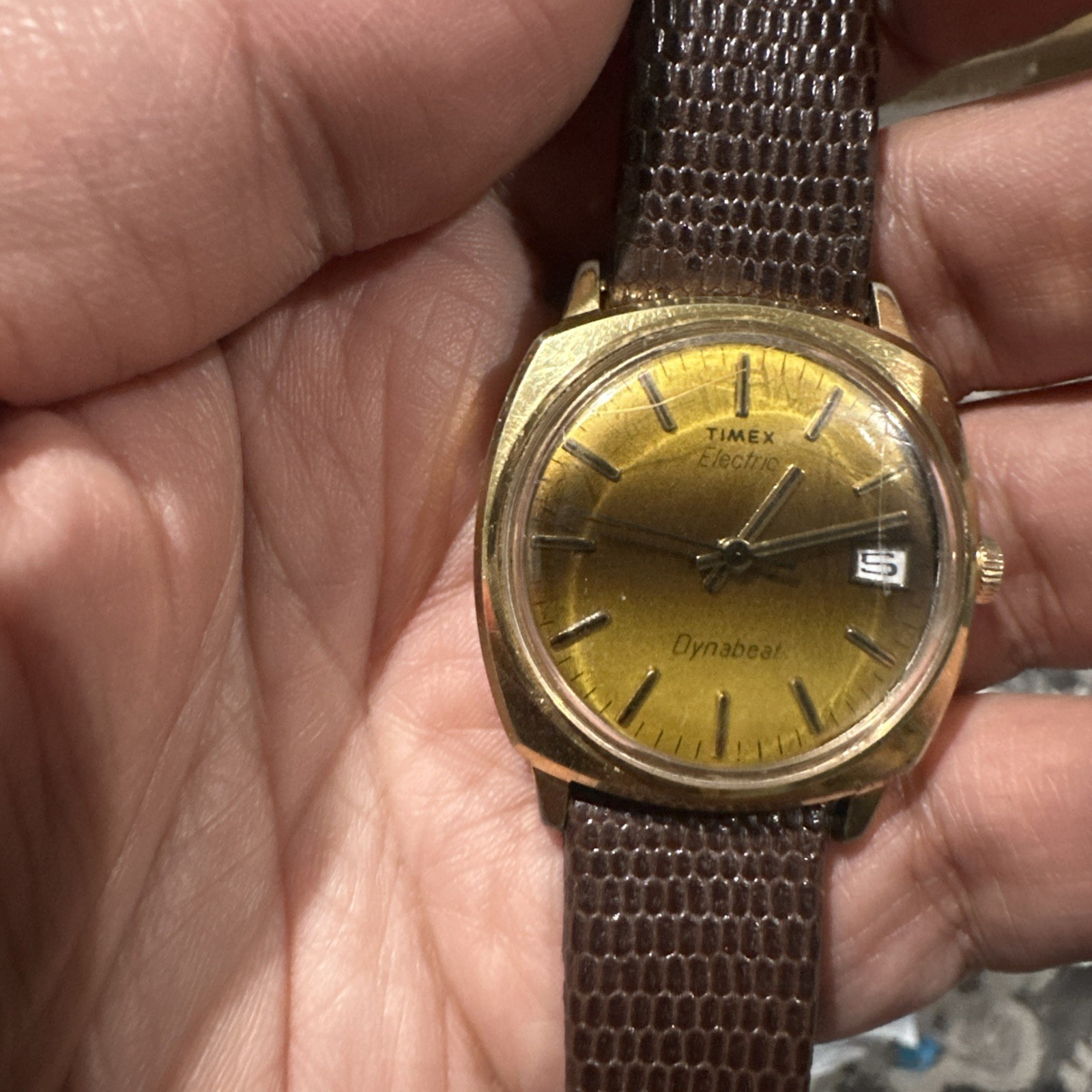 Works VTG Timex Electric Dynabeat Sunburst Mens Watch Gold Stuller Strap 34mm 7”