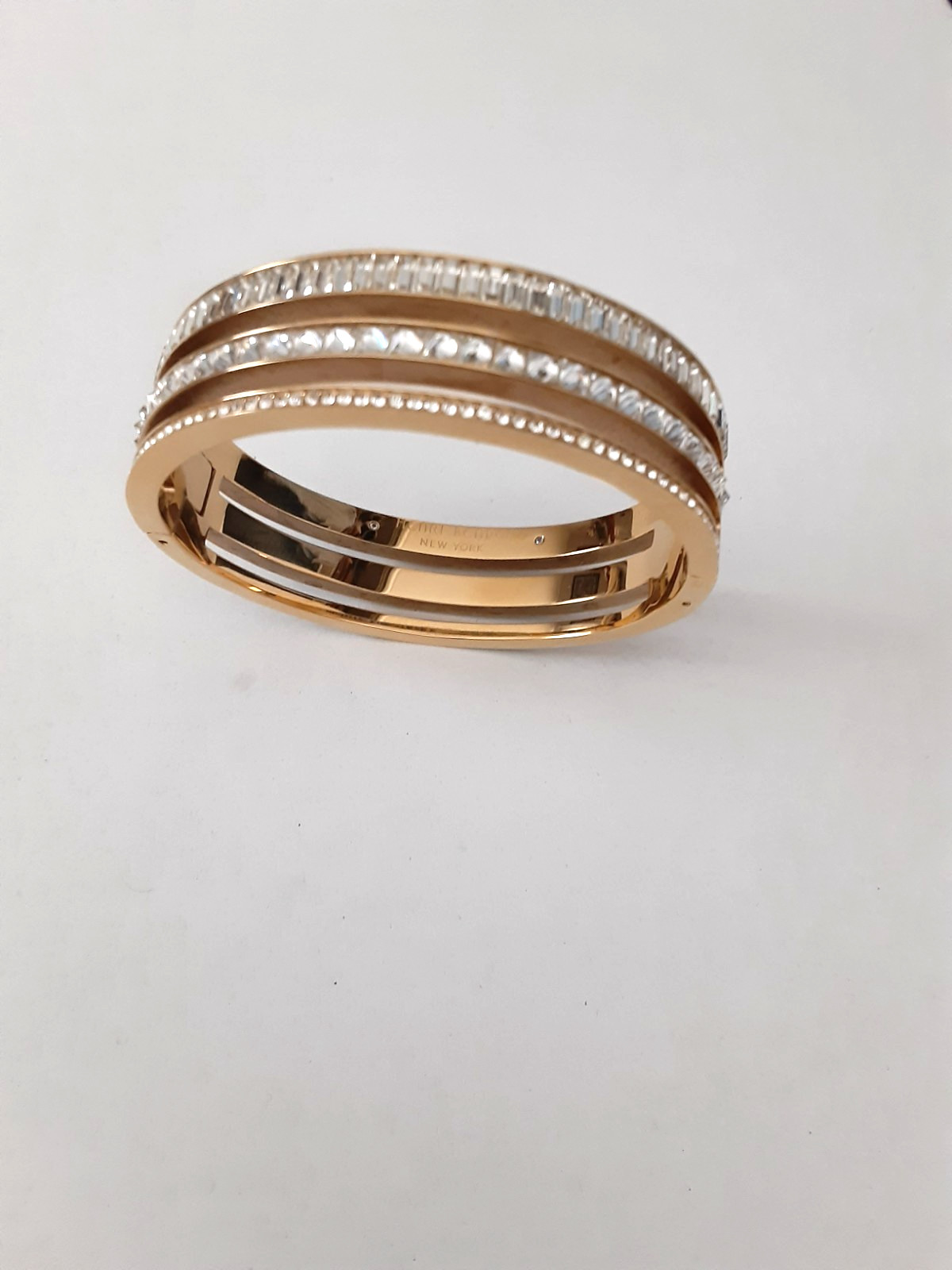 Henri Bendel New York Gold Tone Pave Crystal Hinged 3 Tier Bangle Bracelet