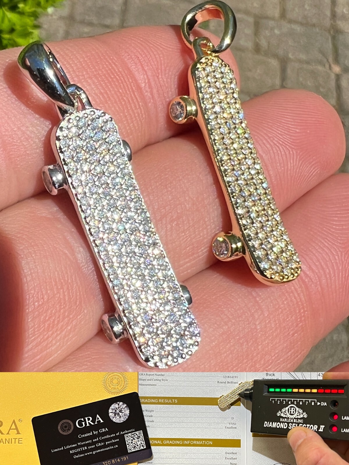 Real MOISSANITE Iced Silver Skateboard Pendant Gold Plated Necklace Pass Tester