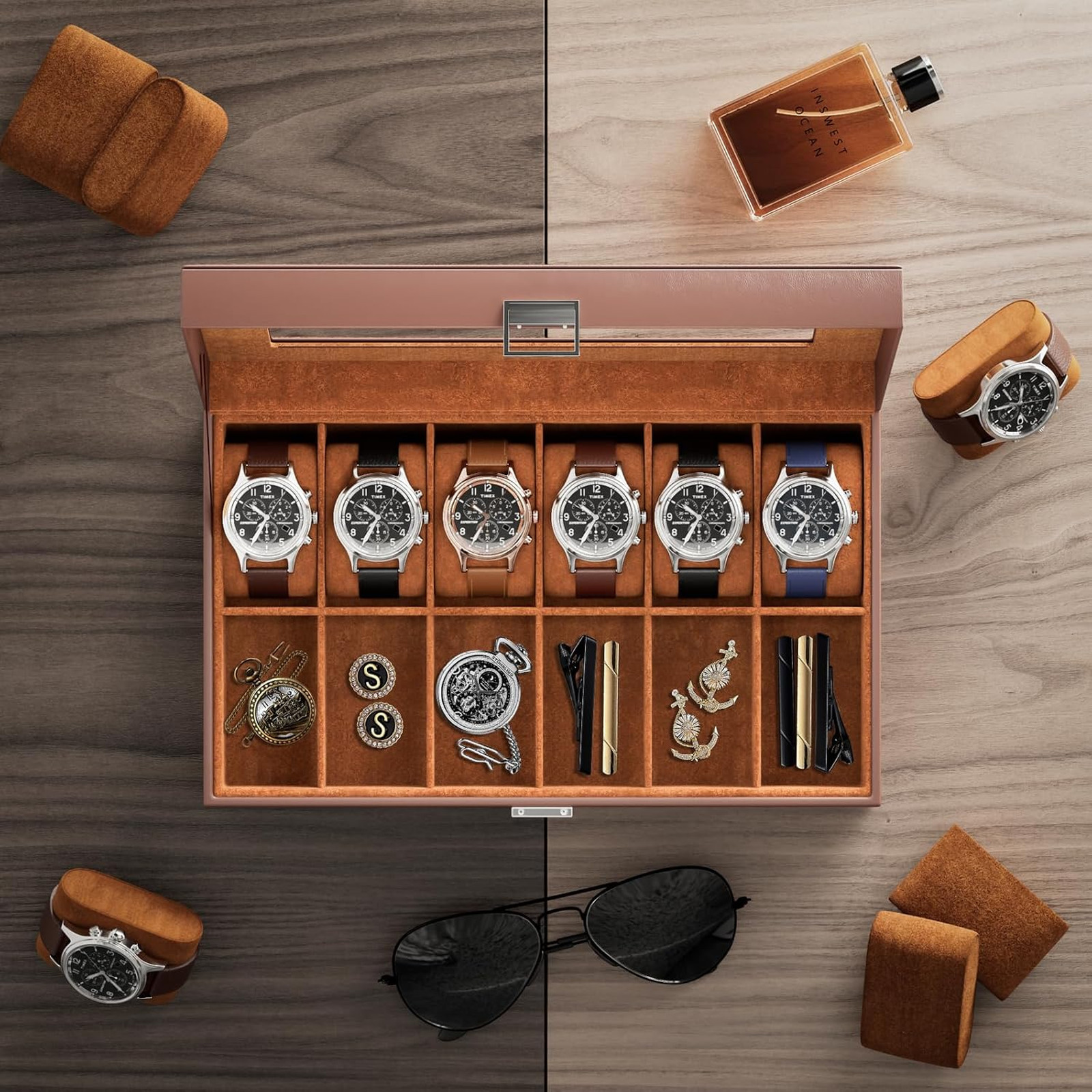 Watch Organizer Box with Glass Lid, 12 Slot Watch Display Case in Brown