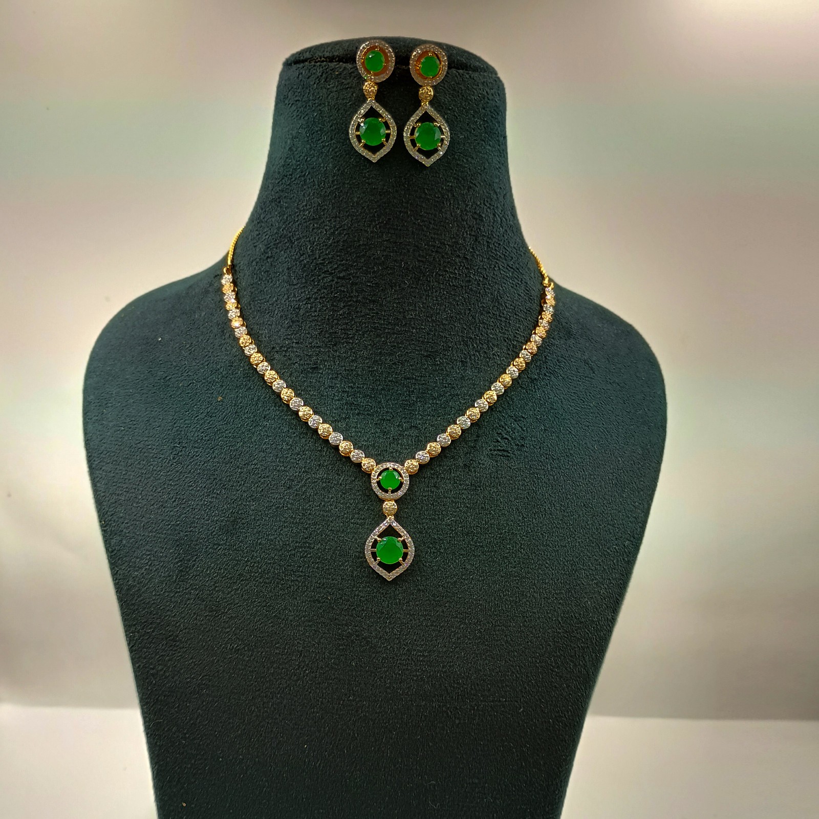 Gold Plated Round Stone Emerald Necklace Set South Indian Bridal Jewelry