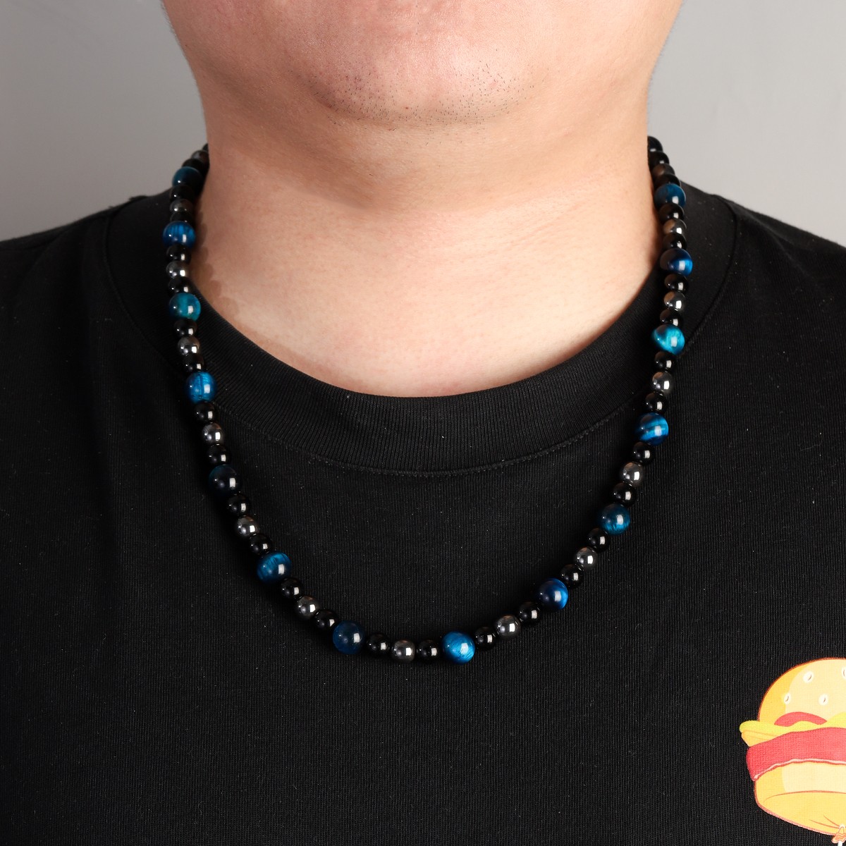 Blue Tiger Eye Men Triple Protection Necklace Hematite Obsidian Necklace 24”